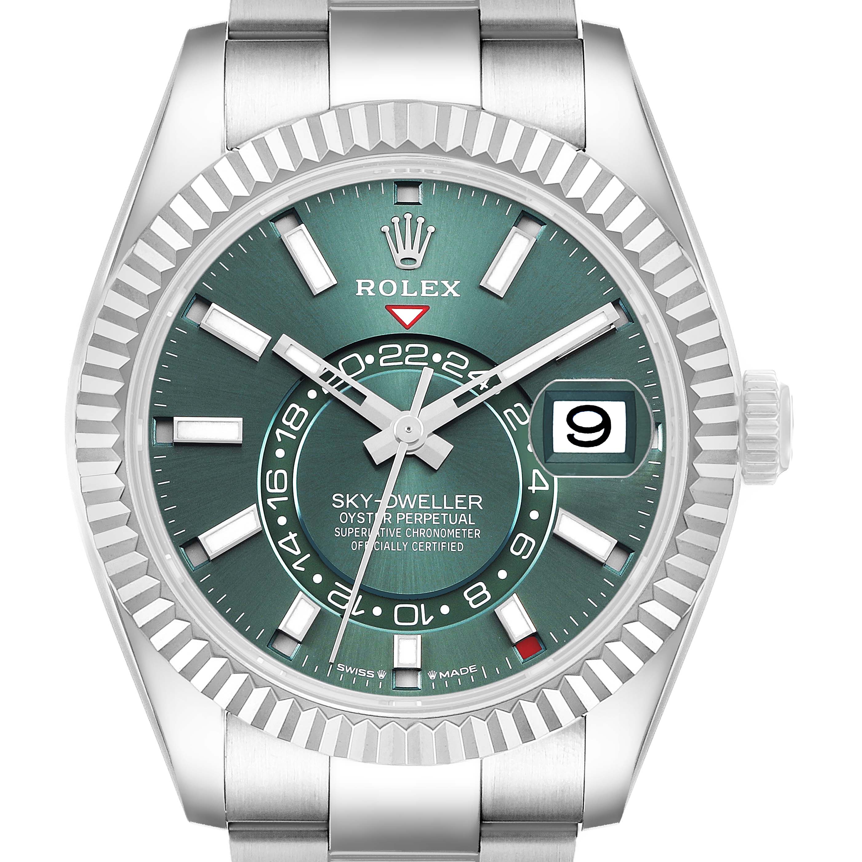 The Rolex Sky-Dweller 336934 Men's Stainless Steel Green Dial watch is shown from a front angle, highlighting the bezel, dial, hands, and bracelet.