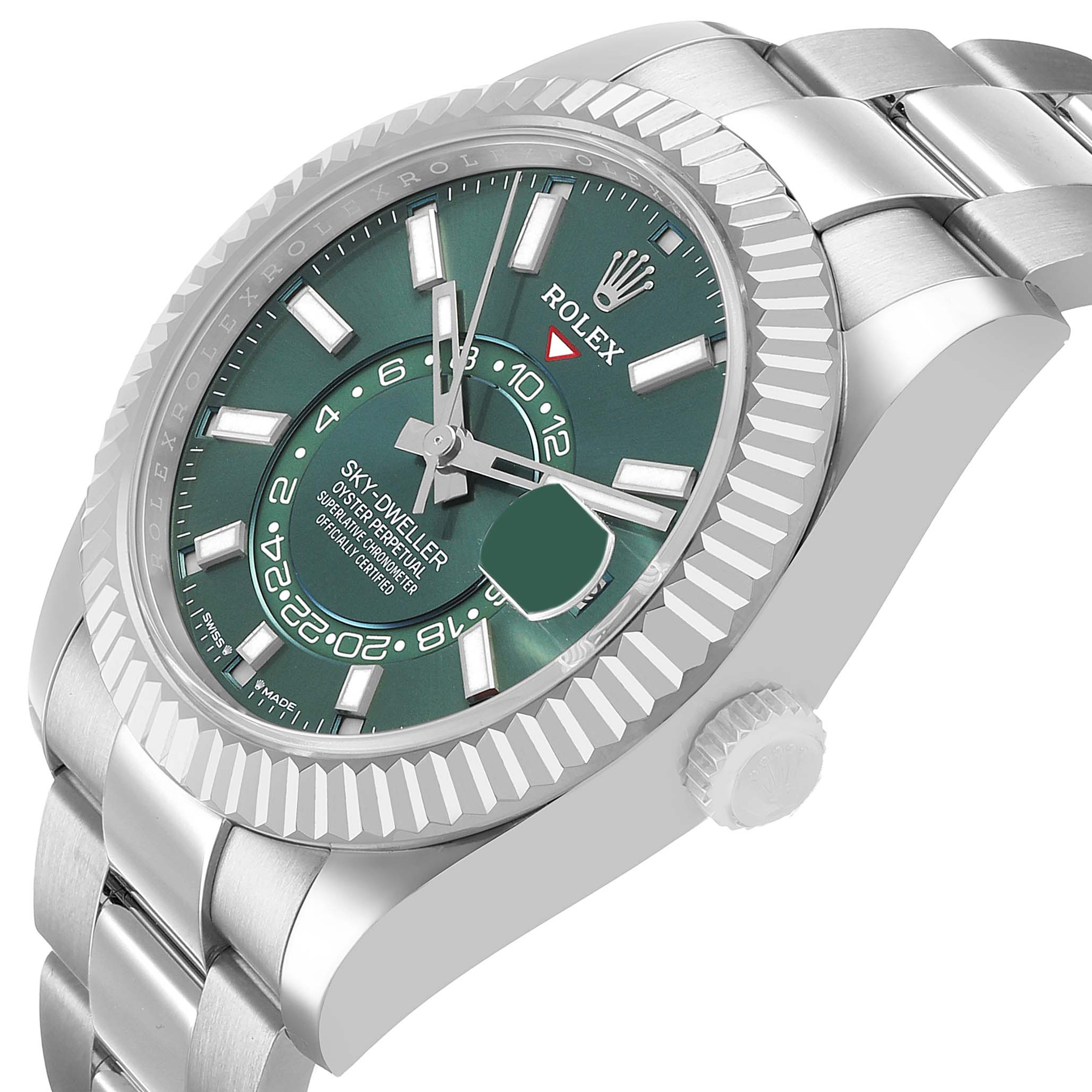 The Rolex Sky-Dweller 336934 Men's Stainless Steel Green Dial watch is shown at an angle, highlighting the green dial, bezel, and part of the bracelet.