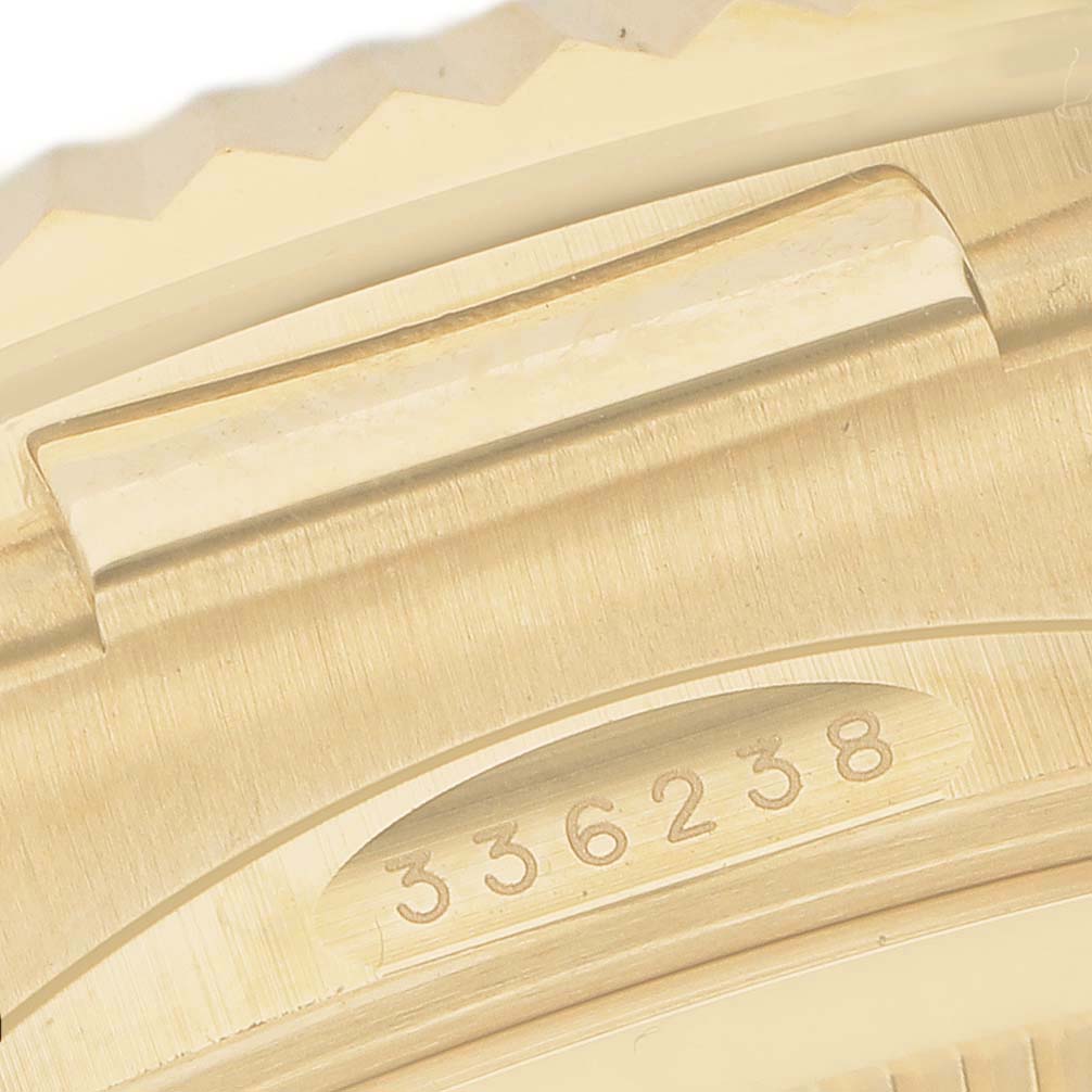 The image shows a close-up of the case and part of the bezel of a Rolex Sky-Dweller 336238 Men's Yellow Gold Black Dial, highlighting engravings.