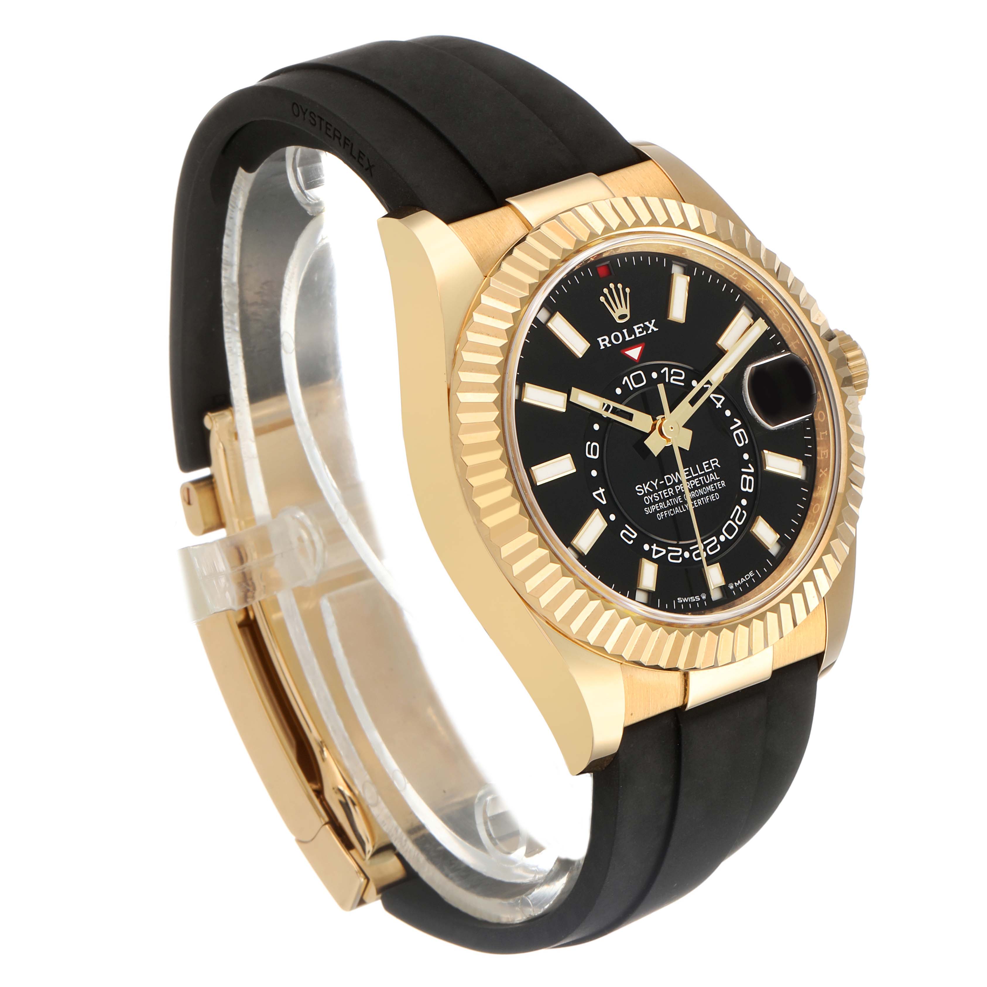 The Rolex Sky-Dweller 336238 Men's Yellow Gold Black Dial watch is shown at a three-quarter angle, highlighting its black dial, gold case, fluted bezel, and Oysterflex strap.