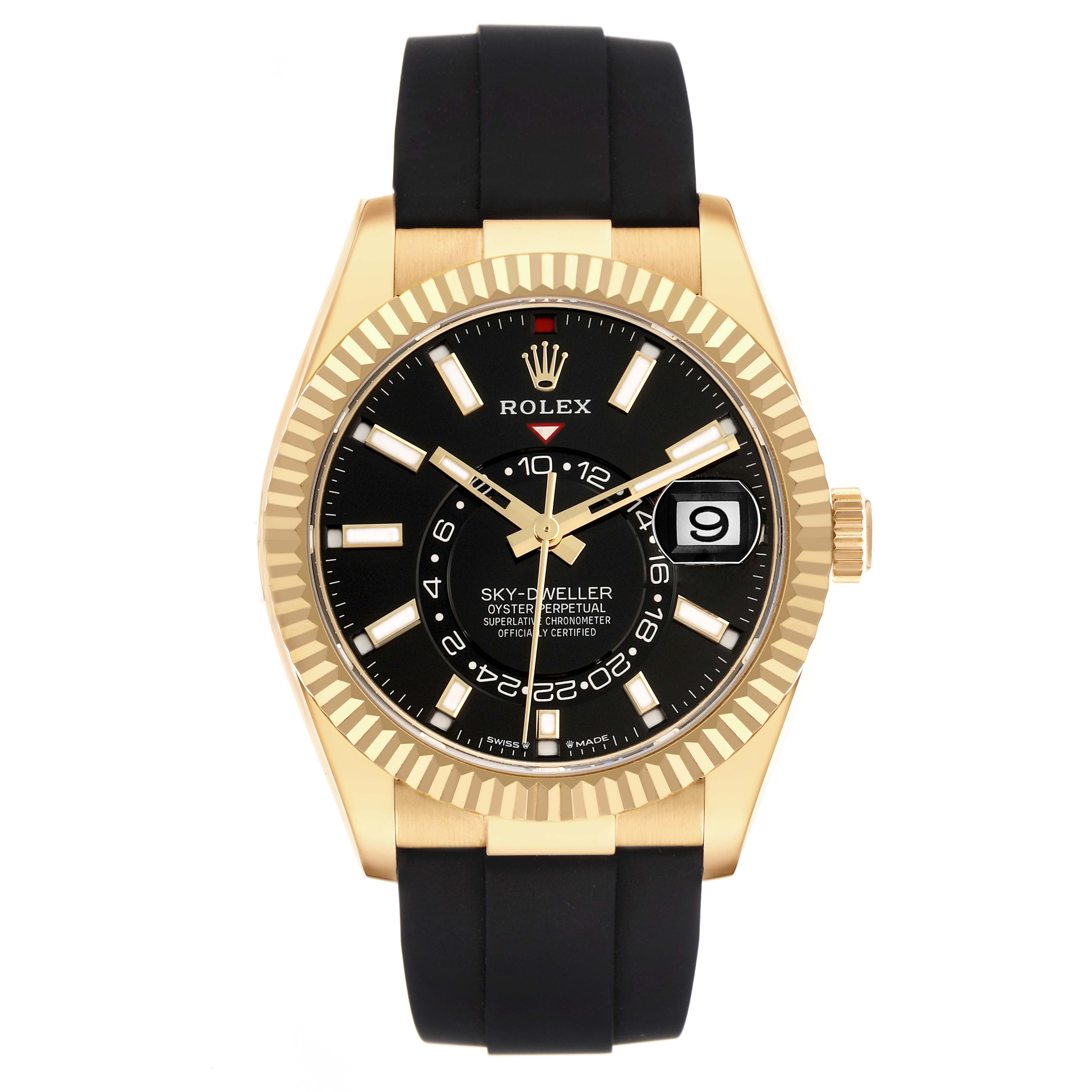 The Rolex Sky-Dweller 336238 Men's Yellow Gold Black Dial watch is shown from a front angle, highlighting the face, bezel, and black strap.