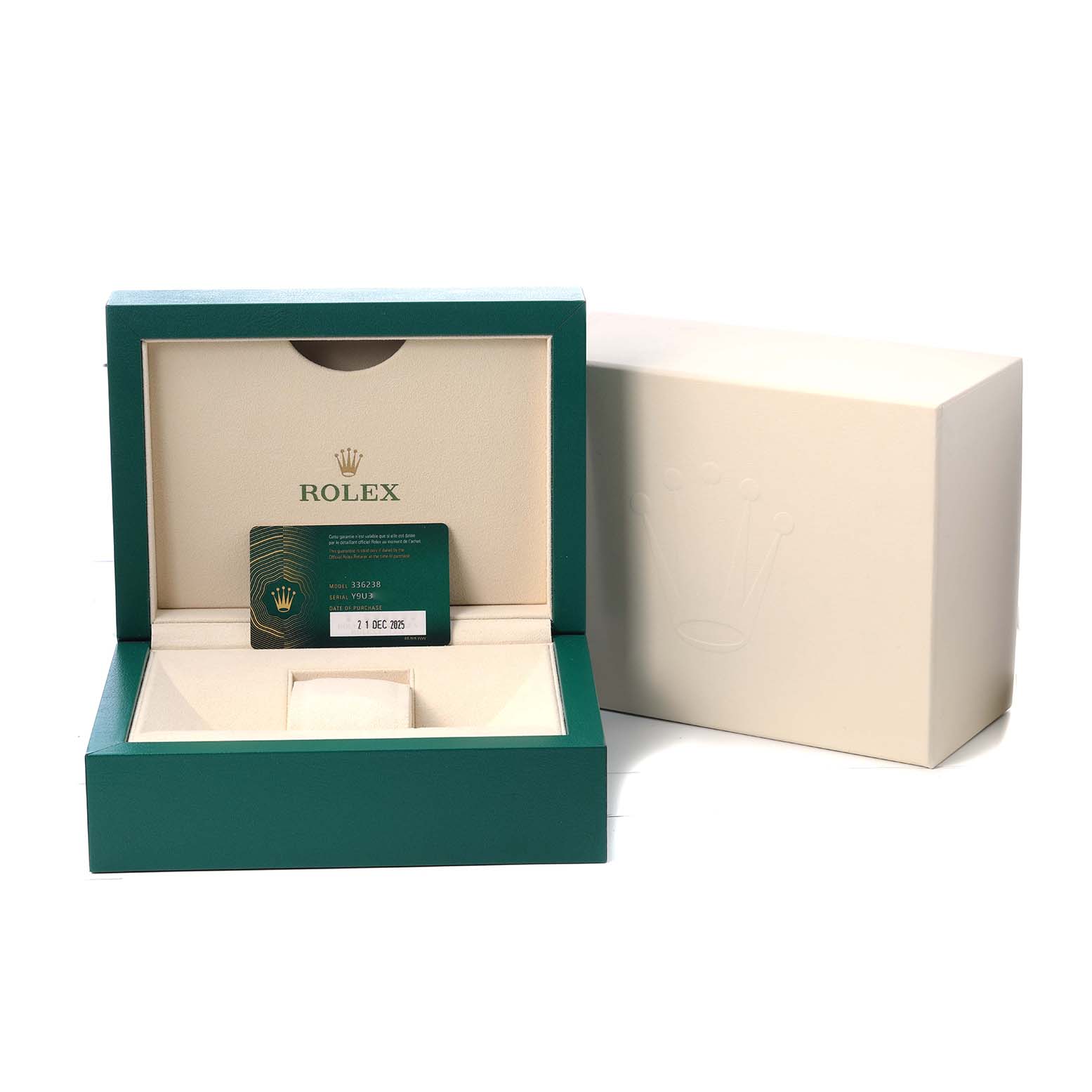 The image shows an open Rolex Sky-Dweller 336238 Men's Yellow Gold Black Dial watch box with warranty card, viewed from the front.