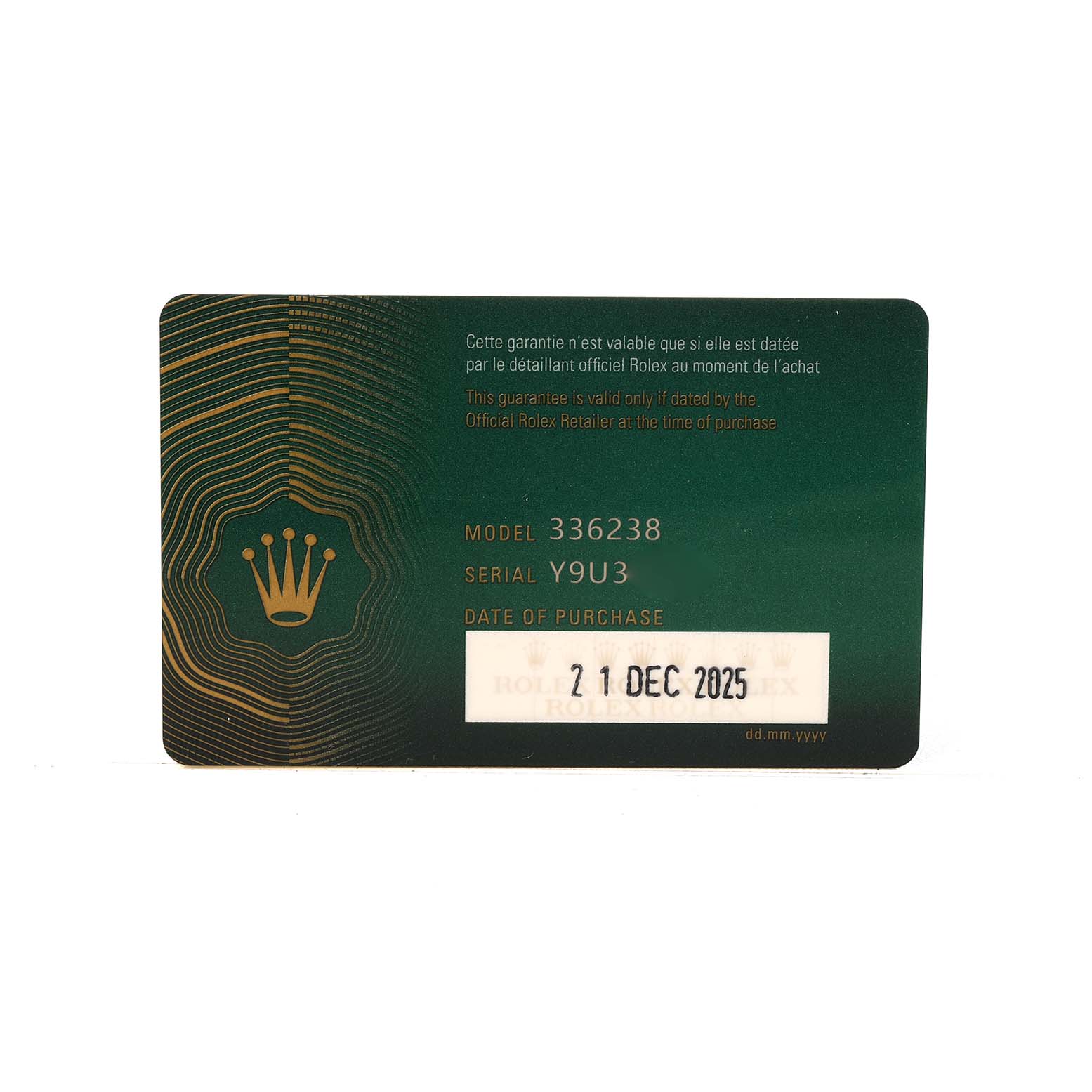 The image shows a warranty card for the Rolex Sky-Dweller 336238 Men's Yellow Gold Black Dial watch, highlighting model and serial numbers.