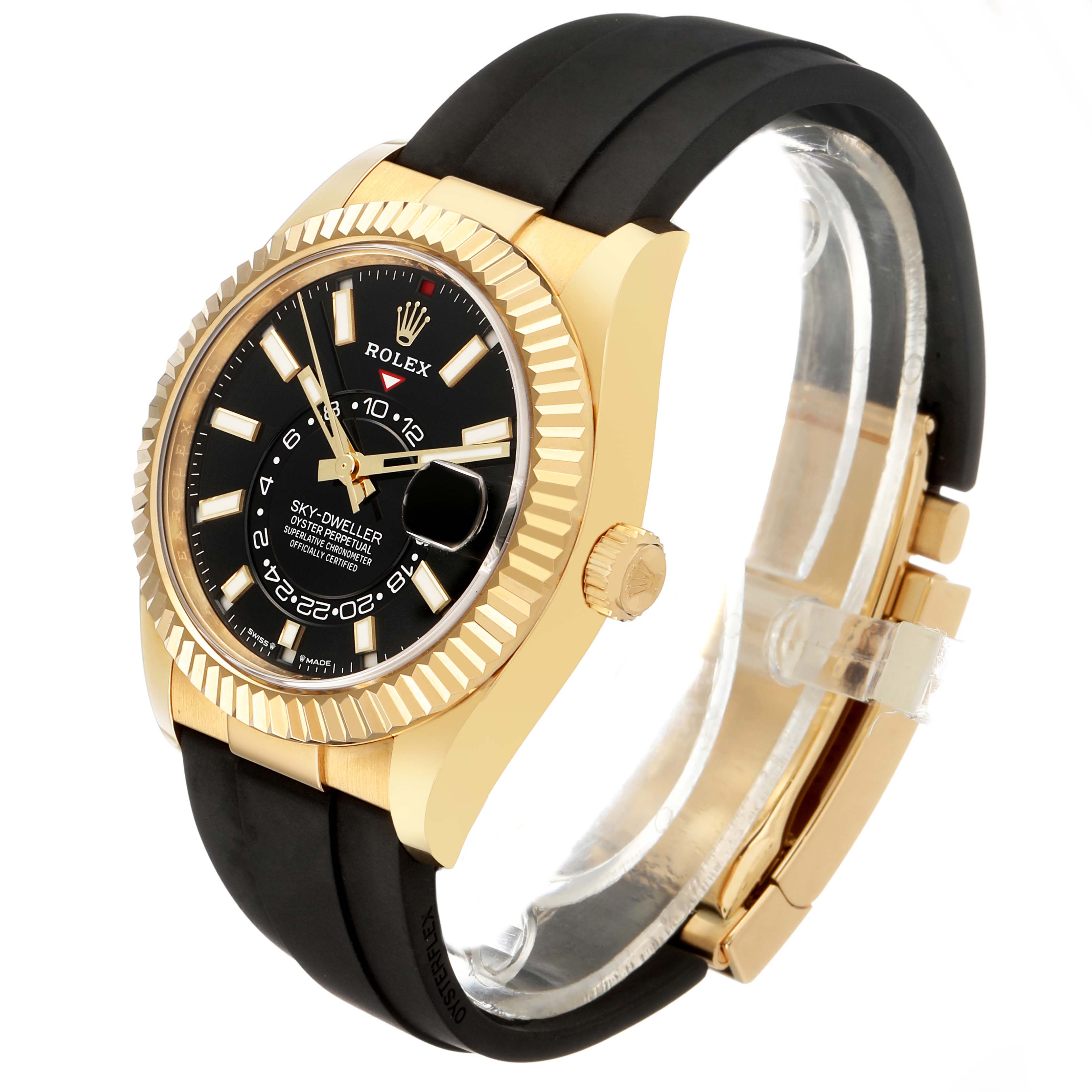 The Rolex Sky-Dweller 336238 Men's Yellow Gold Black Dial is shown at a three-quarter angle, highlighting its black dial, gold bezel, and black strap.