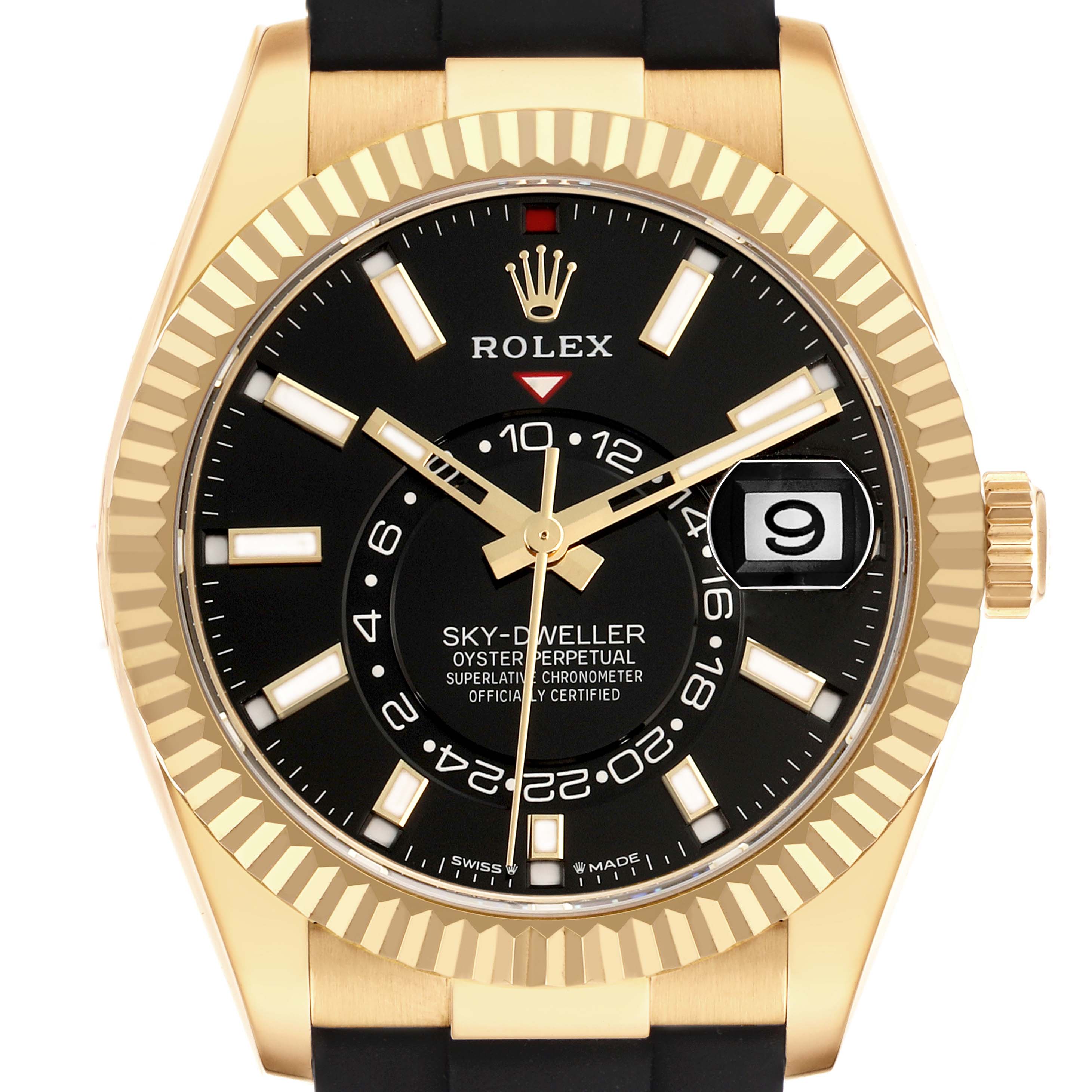 The image shows a front view of the Rolex Sky-Dweller 336238 Men's Yellow Gold Black Dial, displaying its dial, bezel, crown, and strap attachment.