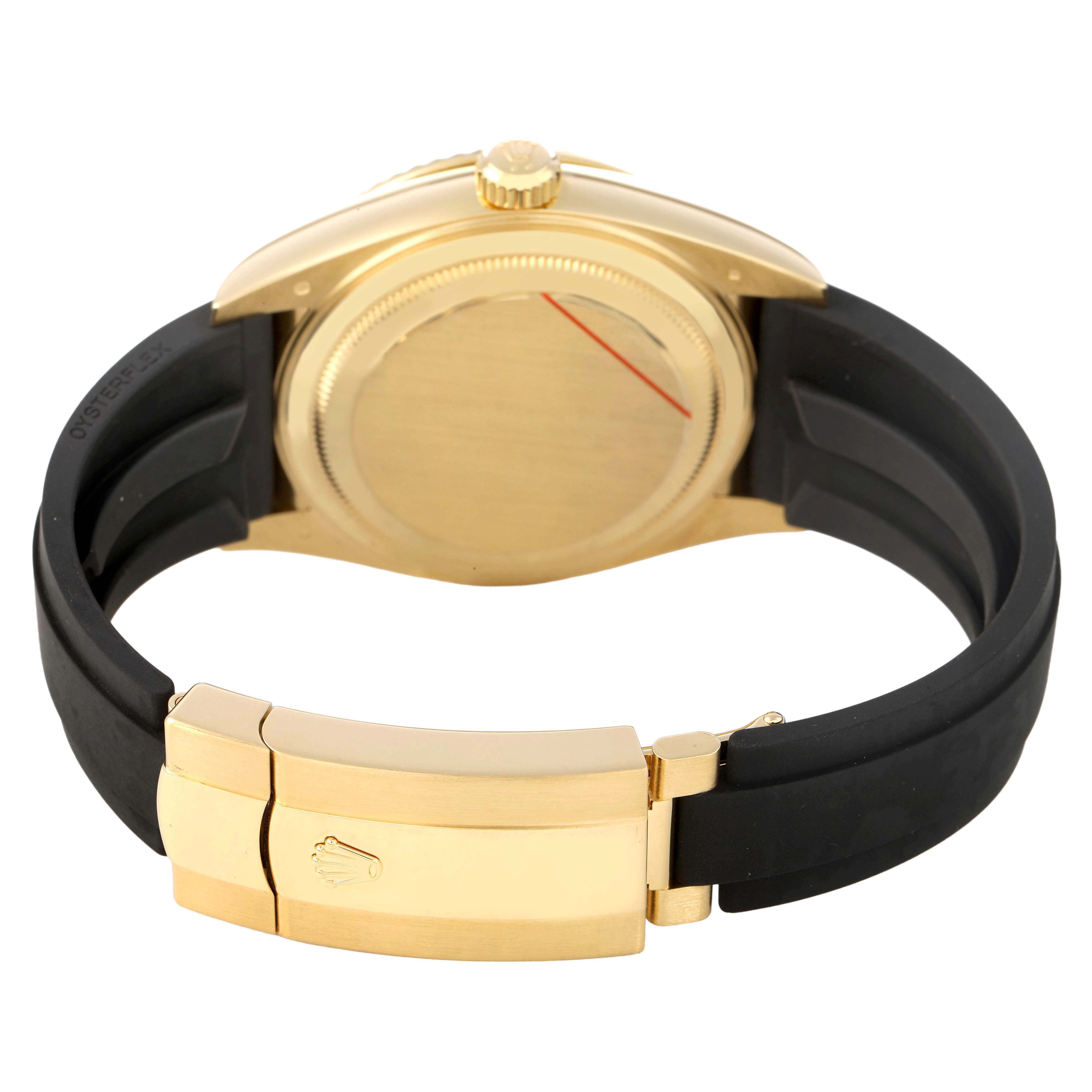 The Rolex Sky-Dweller 336238 Men's Yellow Gold Black Dial watch is shown from the back, highlighting its clasp, case back, and part of the band.