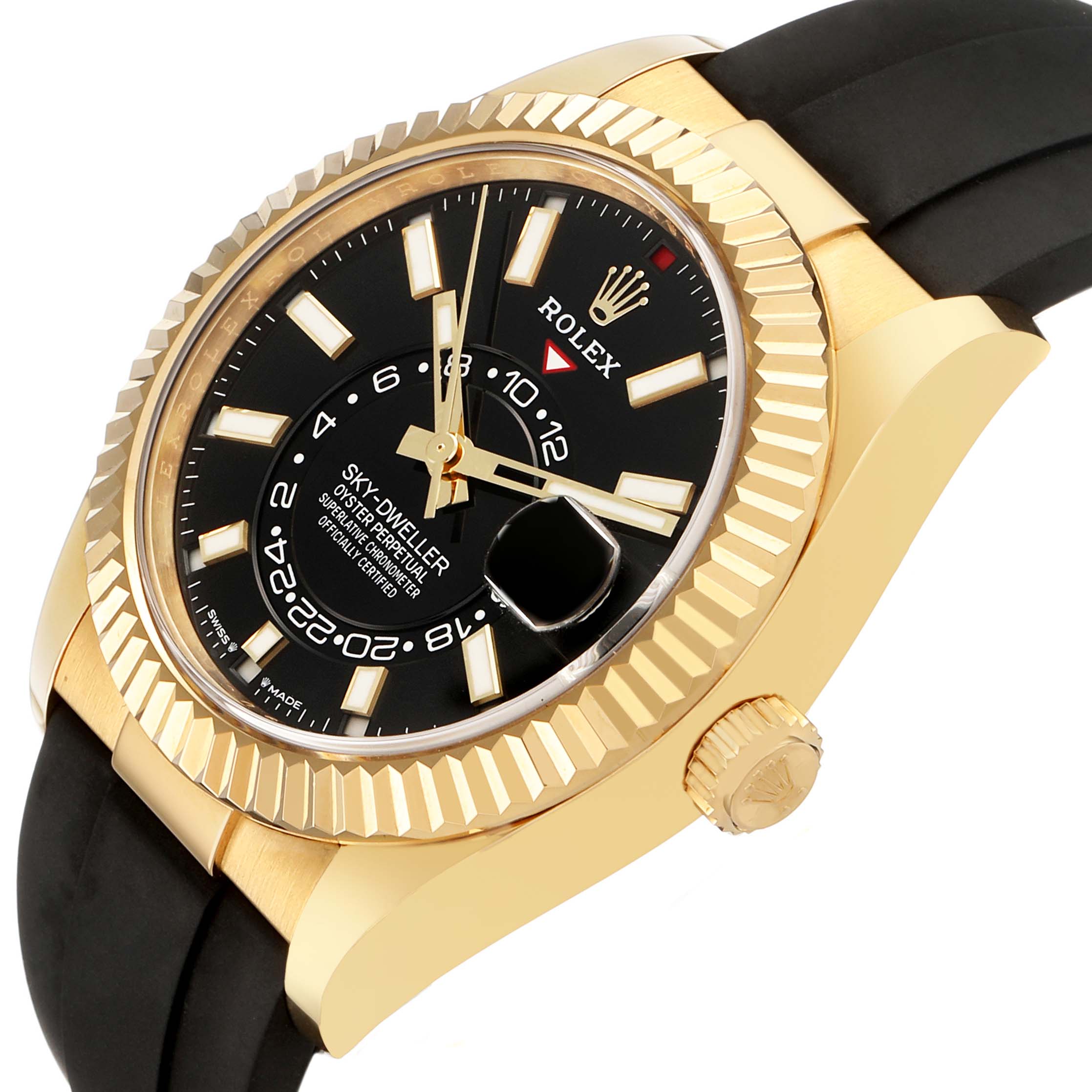 The Rolex Sky-Dweller 336238 Men's Yellow Gold Black Dial watch is shown at an angle highlighting its gold case, black dial, fluted bezel, and rubber strap.