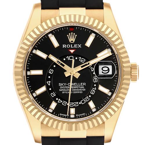 The Rolex Sky-Dweller 336238 Men's Yellow Gold Black Dial watch is shown from the front, displaying the dial, bezel, hands, and date window.