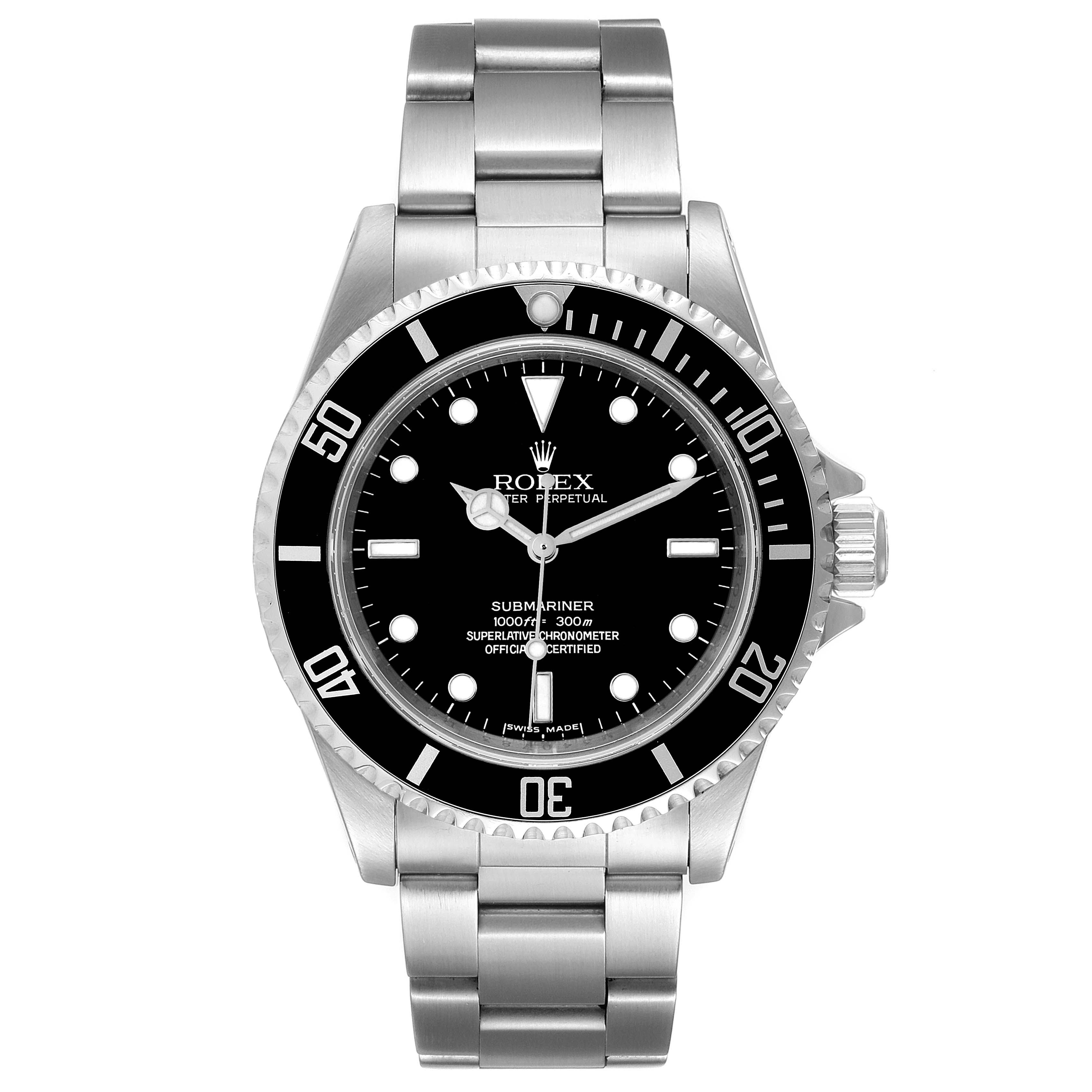 The image shows a front view of a Rolex Submariner 14060M Men
s Stainless Steel Black Dial 14060M Men
s Stainless Steel Black Dial, displaying the entire watch including the bezel, dial, and bracelet.