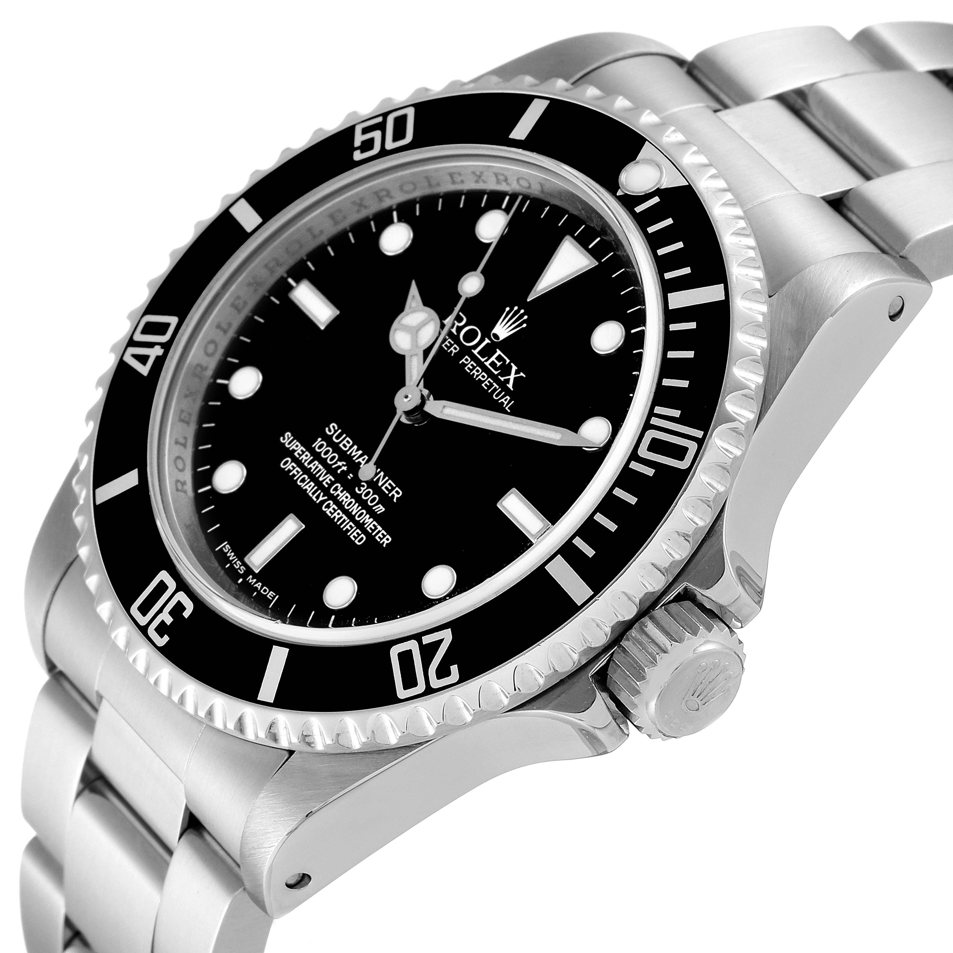 The image shows a Rolex Submariner 14060M Men
s Stainless Steel Black Dial 14060M Men
s Stainless Steel Black Dial model at a three-quarter view angle, highlighting its black dial, bezel, and stainless steel bracelet.