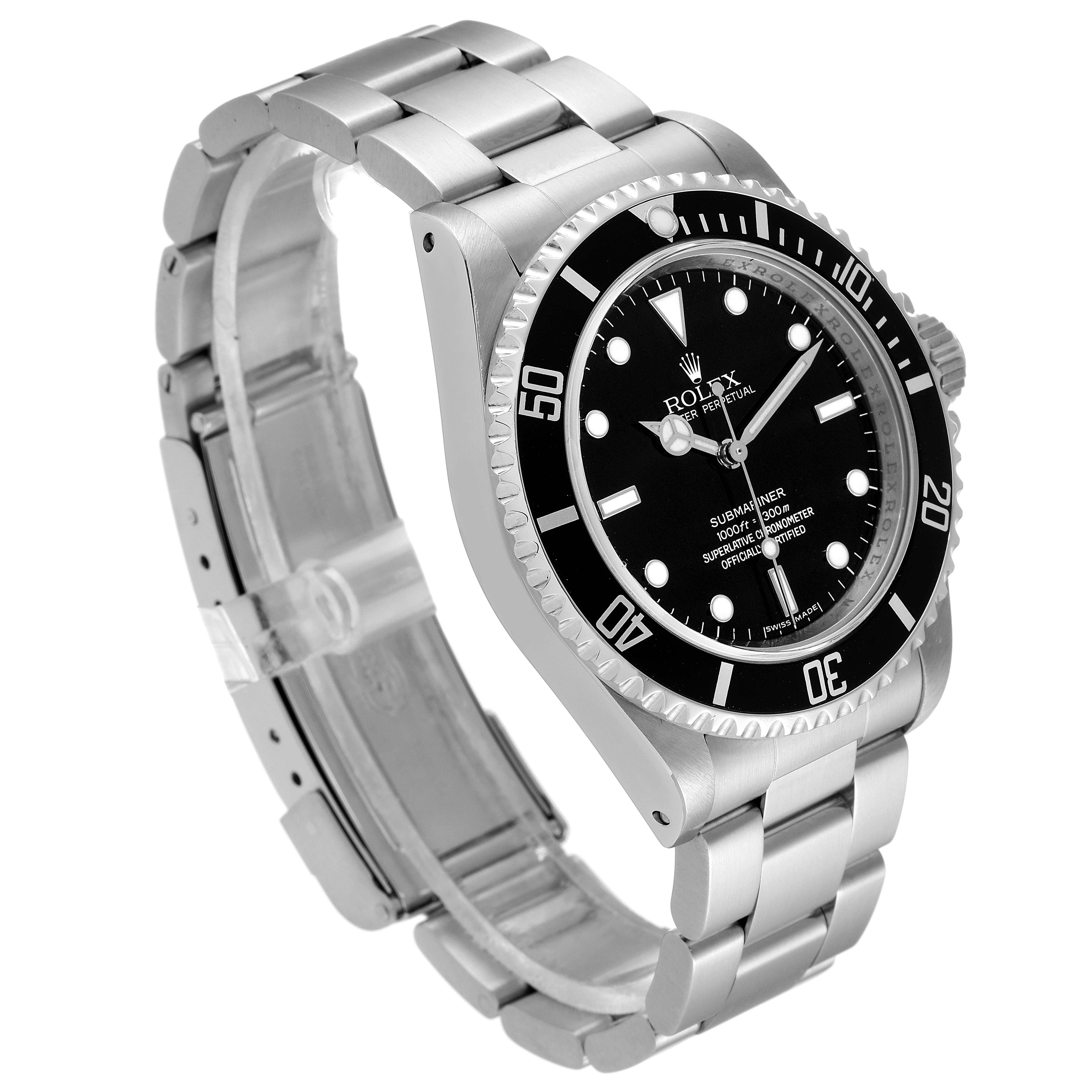 The image shows a Rolex Submariner 14060M Men
s Stainless Steel Black Dial 14060M Men
s Stainless Steel Black Dial watch angled to display the bracelet, bezel, and face with clear markings.