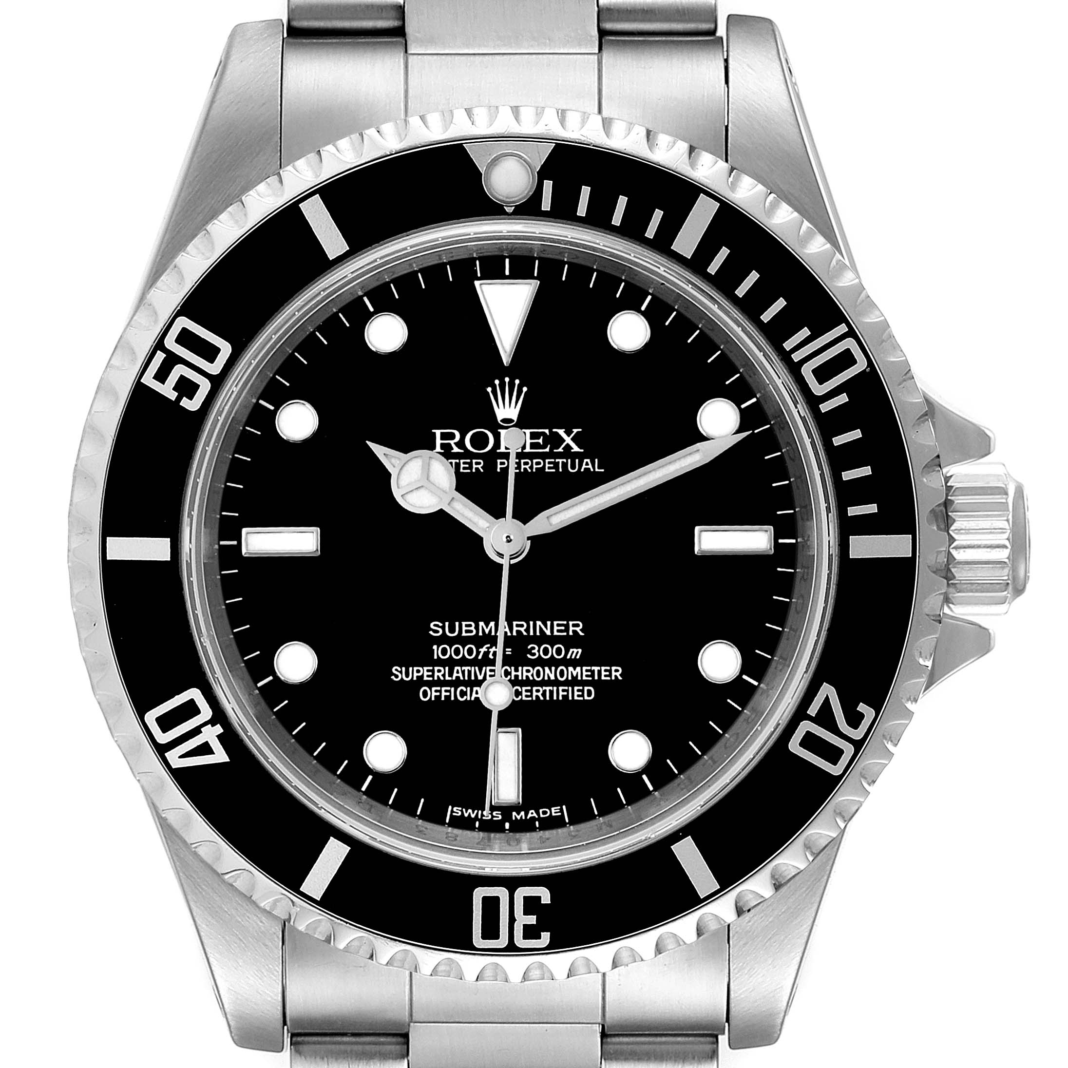 The image shows a front view of the Rolex Submariner 14060M Men
s Stainless Steel Black Dial 14060M Men
s Stainless Steel Black Dial watch, highlighting its face, bezel, and part of the bracelet.