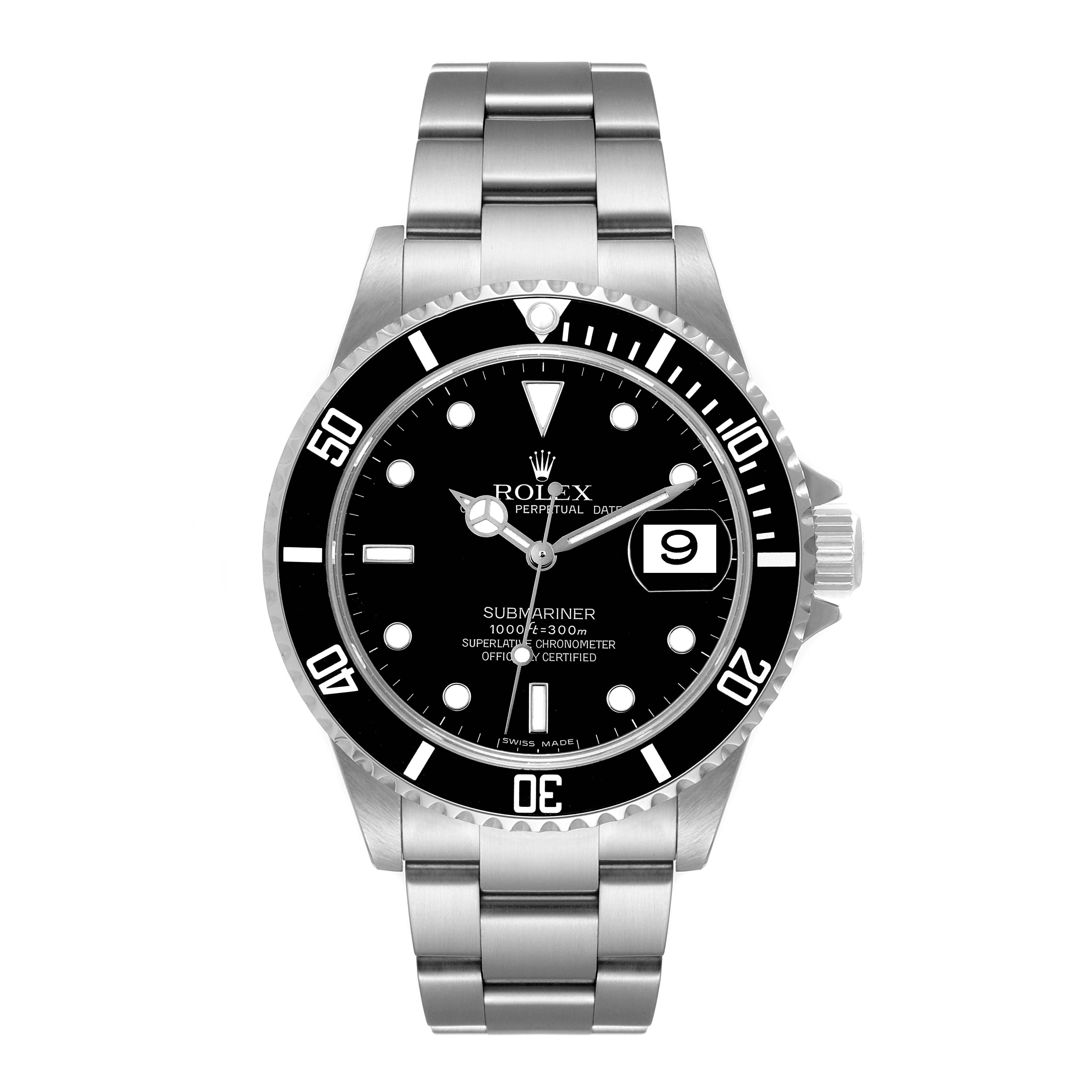 This image shows a front view of a Rolex Submariner 16610 Men's Stainless Steel Black Dial 16610 Men's Stainless Steel Black Dial watch, highlighting its dial, bezel, and bracelet.