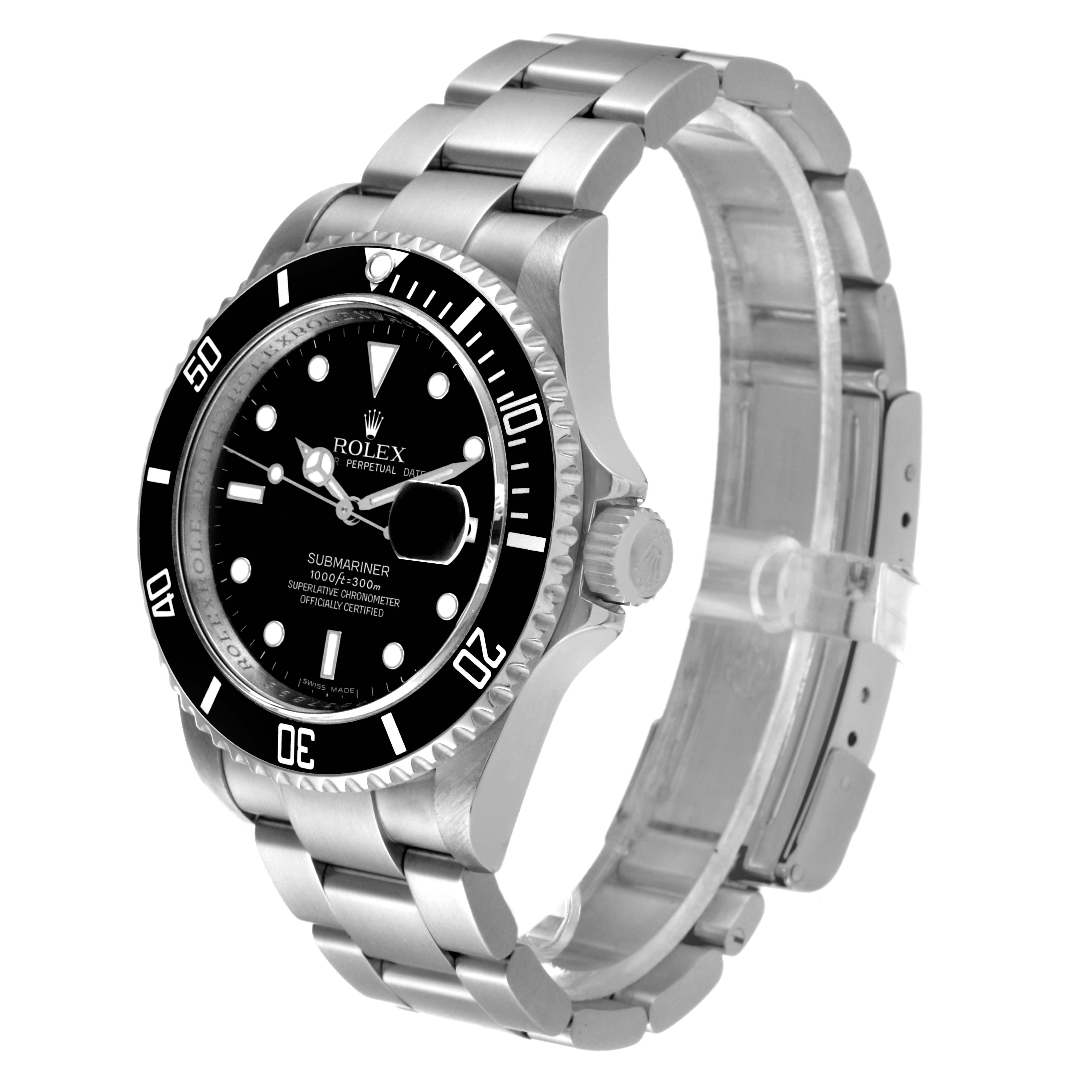 The image shows a Rolex Submariner 16610 Men's Stainless Steel Black Dial 16610 Men's Stainless Steel Black Dial watch angled to display the face, bezel, crown, and part of the bracelet.