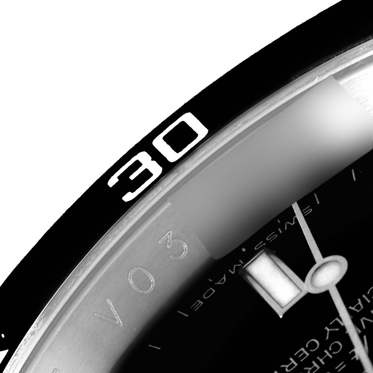 The image shows a close-up of the bezel and dial of a Rolex Submariner 16610 Men's Stainless Steel Black Dial 16610 Men's Stainless Steel Black Dial watch, specifically highlighting the 30-minute marker.