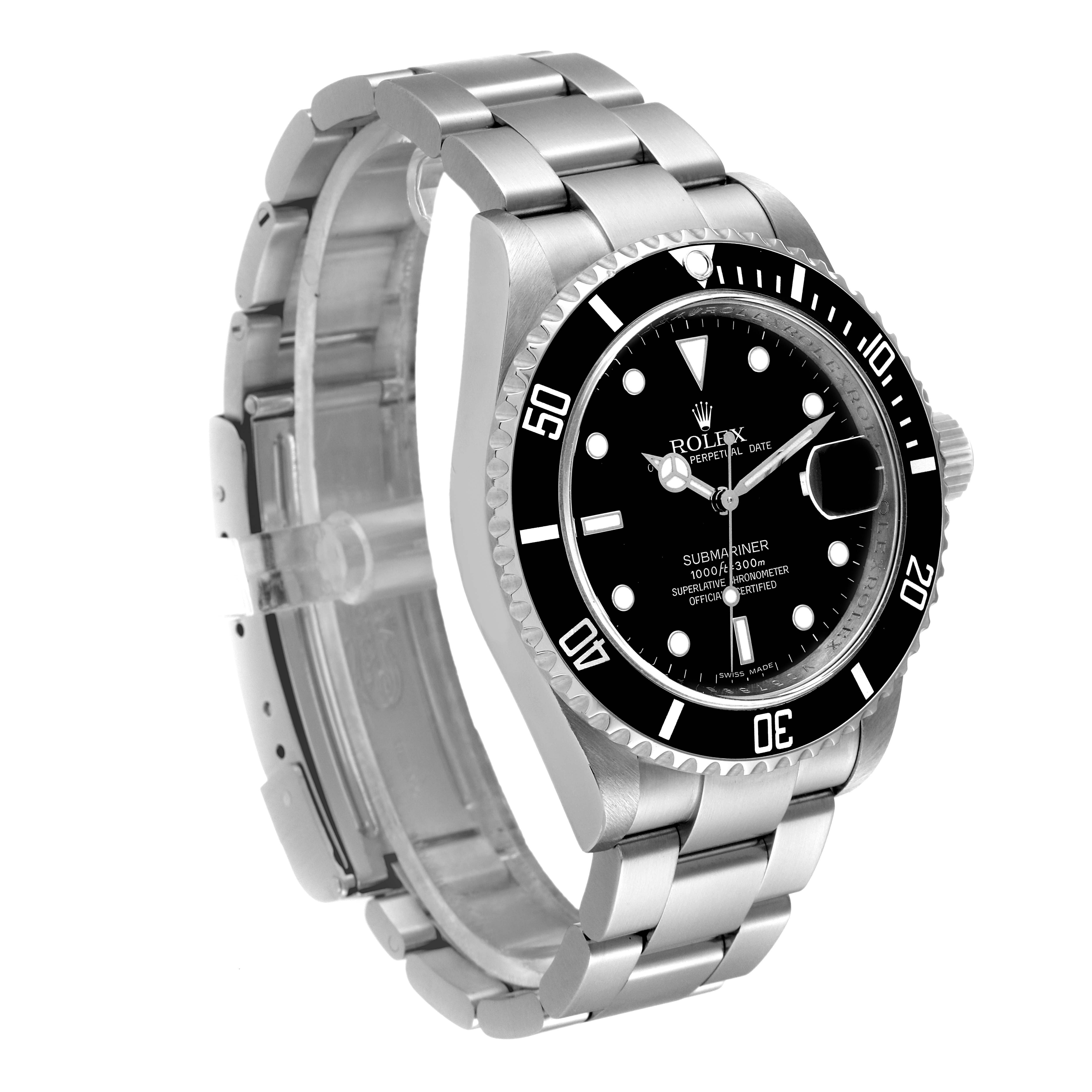 This image shows a Rolex Submariner 16610 Men's Stainless Steel Black Dial 16610 Men's Stainless Steel Black Dial watch angled slightly from the side, highlighting the bezel, dial, bracelet, and clasp.