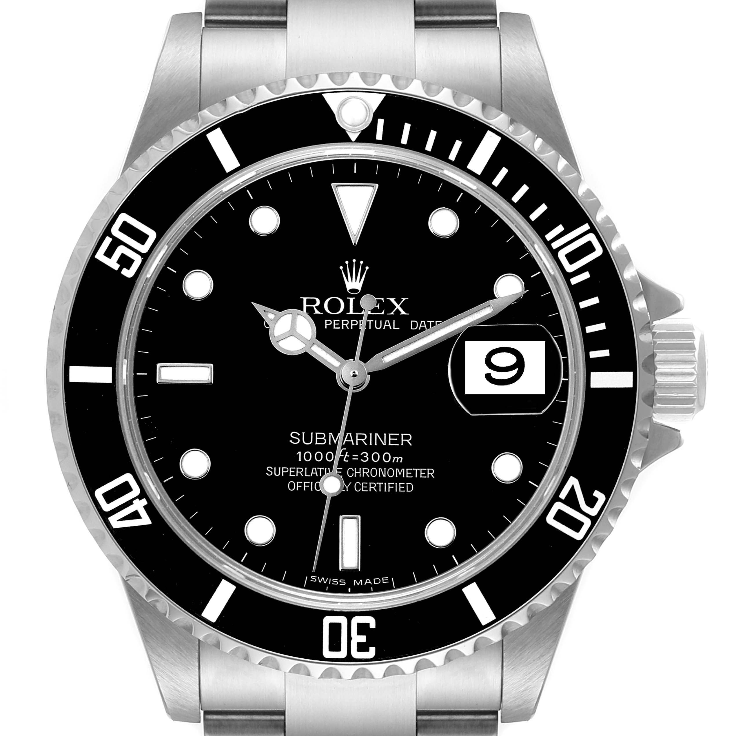 The image shows a front view of the Rolex Submariner 16610 Men's Stainless Steel Black Dial 16610 Men's Stainless Steel Black Dial watch, highlighting its black dial, bezel, and date window.