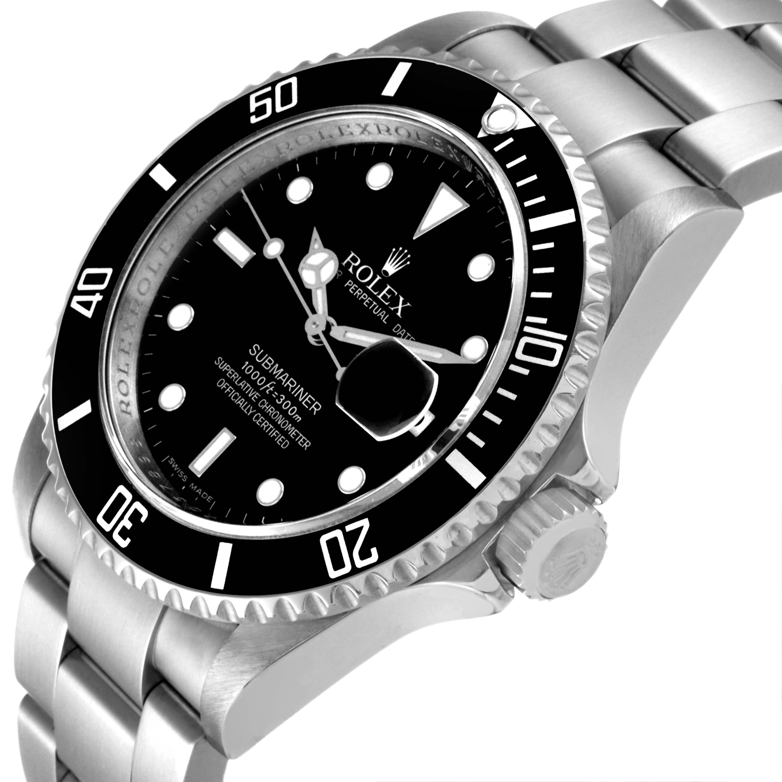 The image shows a close-up, angled view of the Rolex Submariner 16610 Men's Stainless Steel Black Dial 16610 Men's Stainless Steel Black Dial watch, detailing its dial, bezel, and part of the bracelet.