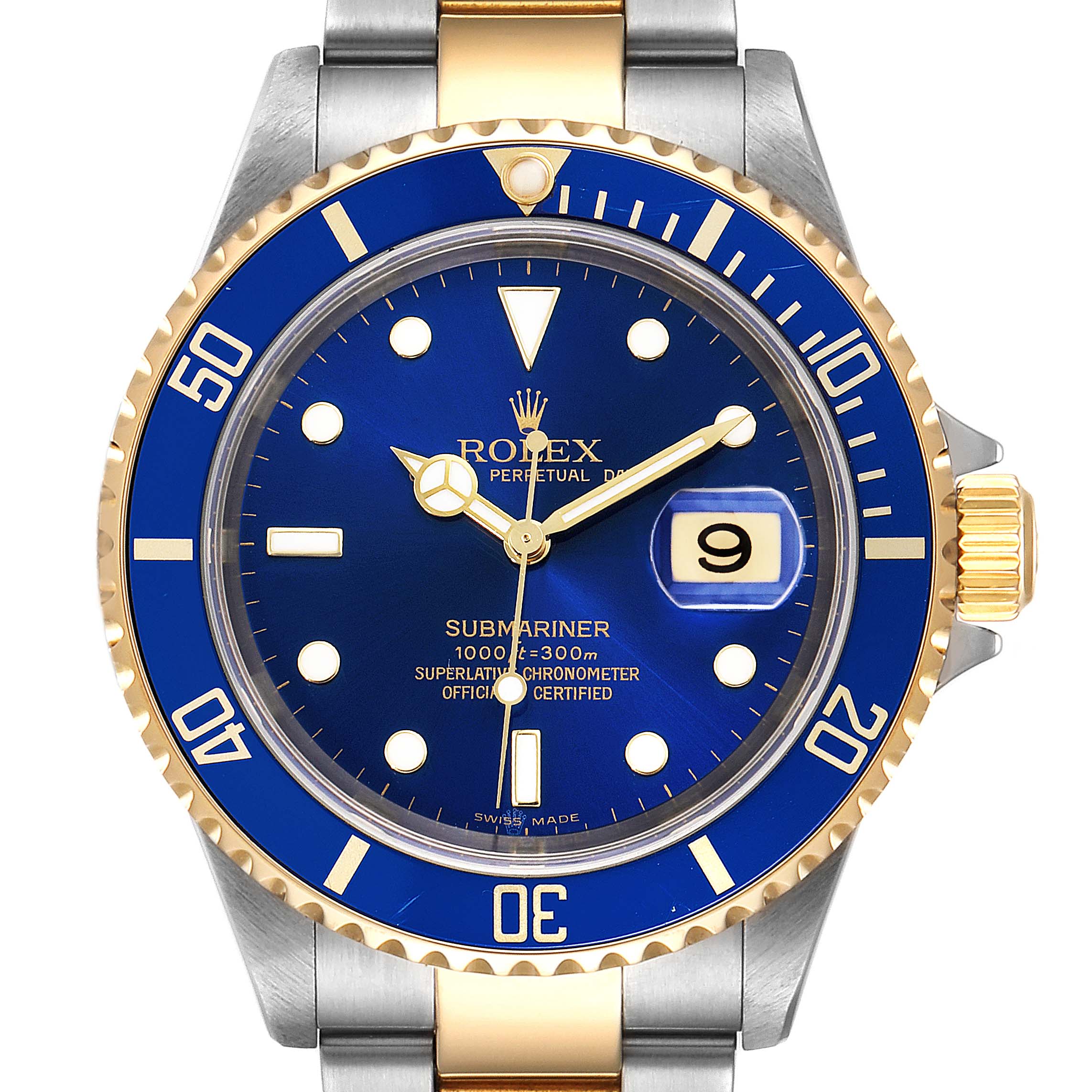 The image shows a frontal view of a Rolex Submariner 16613 Men
s Steel and Gold (two tone) Blue Dial 16613 Men
s Steel and Gold (two tone) Blue Dial watch, highlighting its blue dial, bezel, and two-tone bracelet.