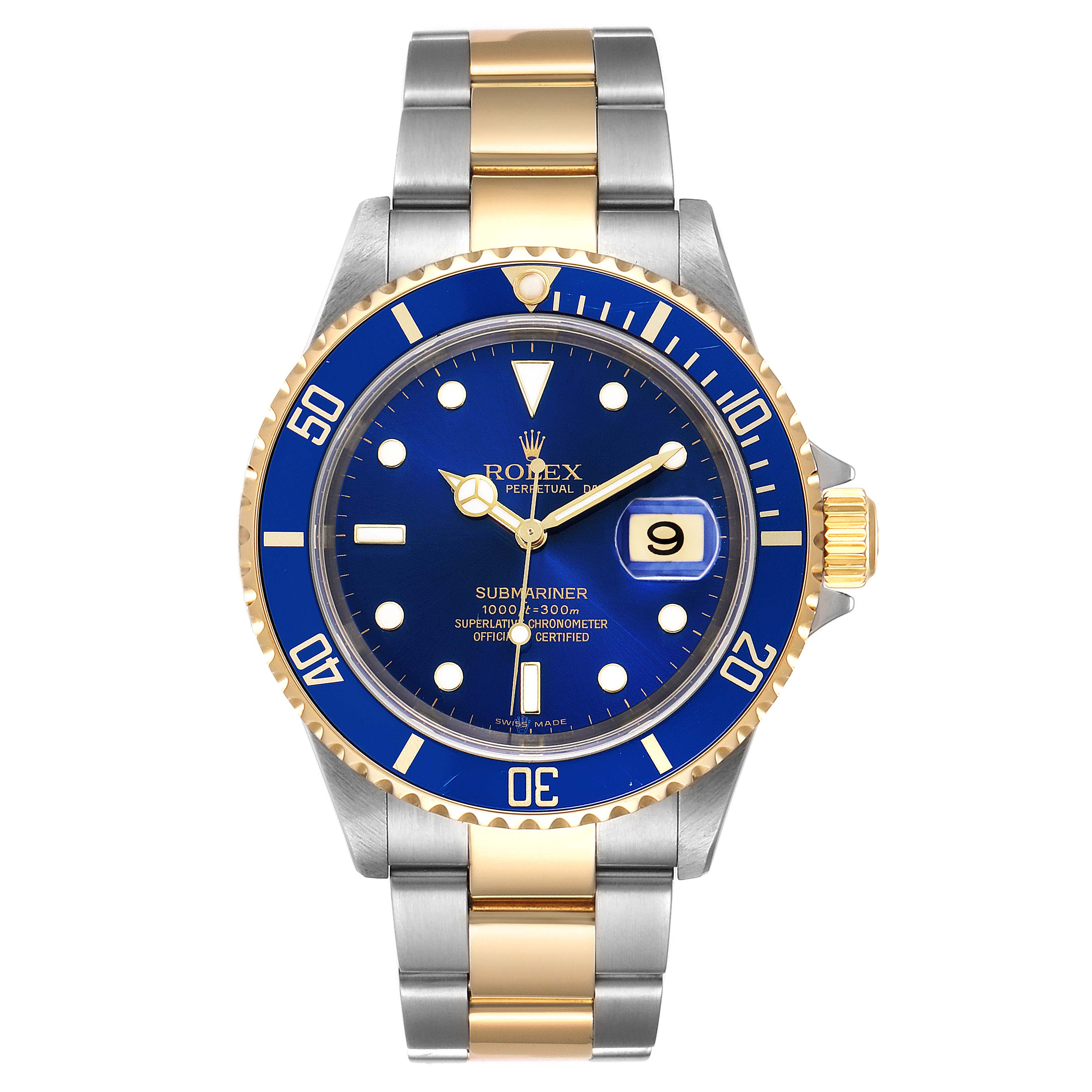The image shows a front view of a Rolex Submariner 16613 Men
s Steel and Gold (two tone) Blue Dial 16613 Men
s Steel and Gold (two tone) Blue Dial watch featuring a blue dial, gold and silver two-tone bracelet, and gold bezel.