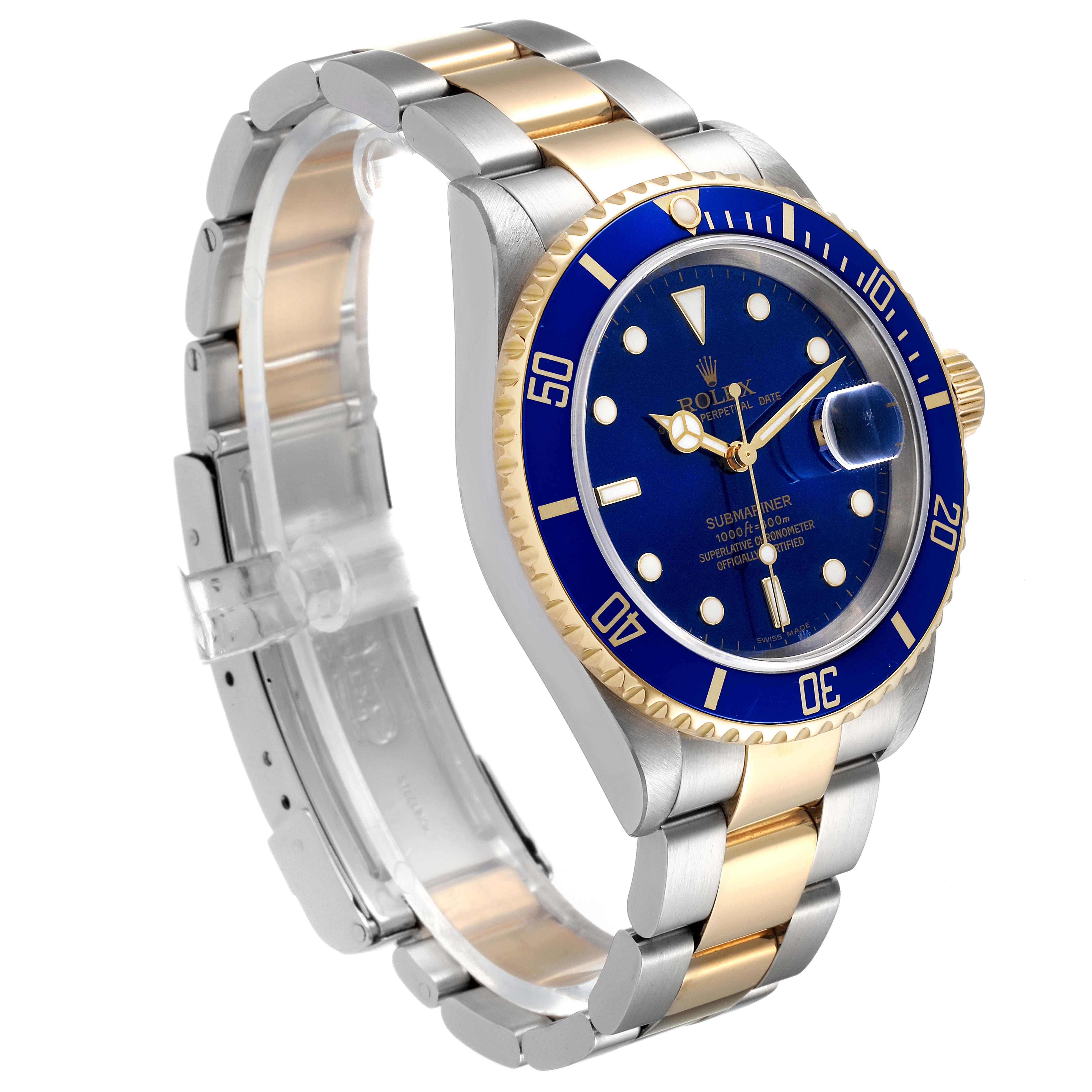 The image shows a side angle of a Rolex Submariner 16613 Men
s Steel and Gold (two tone) Blue Dial 16613 Men
s Steel and Gold (two tone) Blue Dial, highlighting its two-tone metal bracelet and blue bezel and dial.