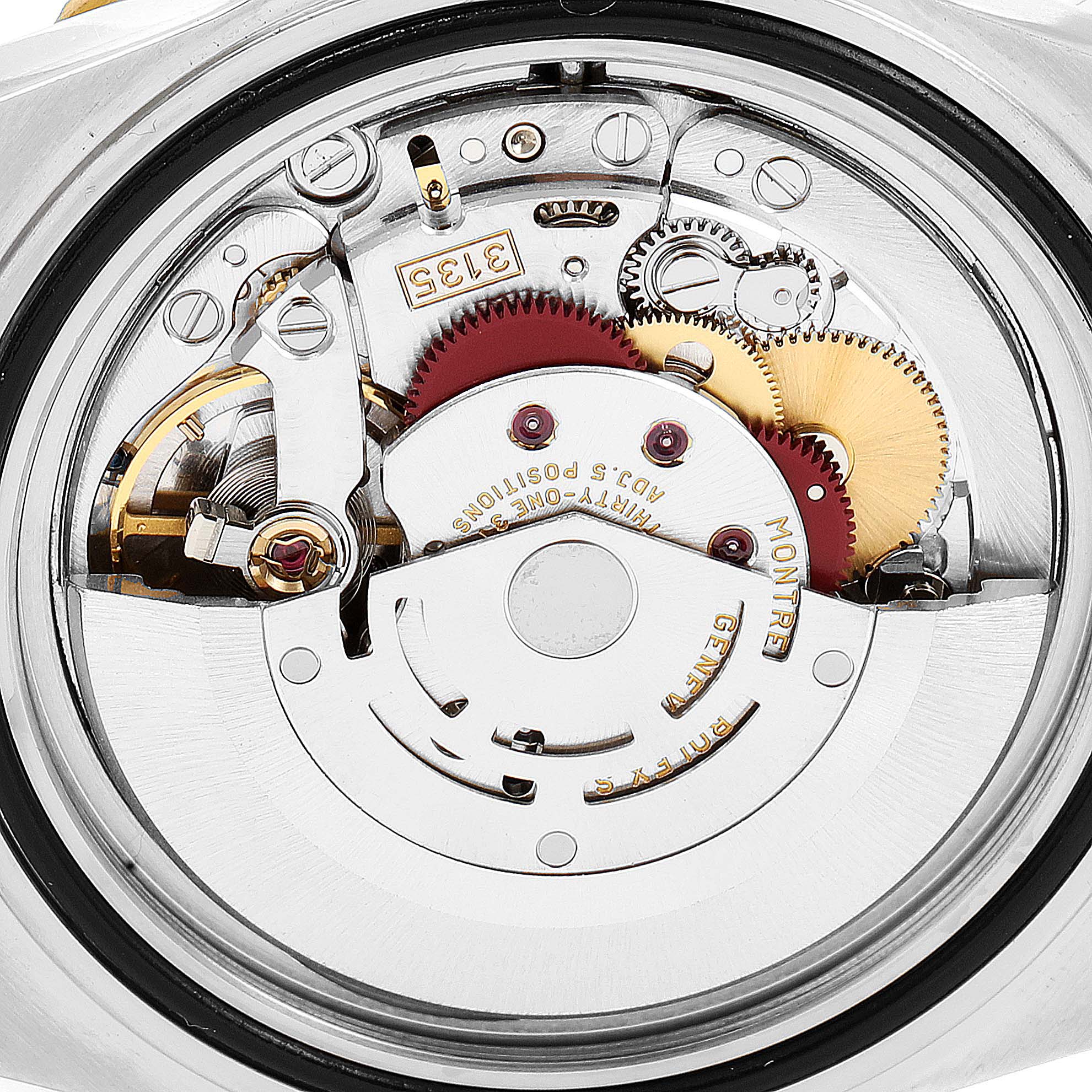 This image shows the movement mechanism of a Rolex Submariner 16613 Men
s Steel and Gold (two tone) Blue Dial 16613 Men
s Steel and Gold (two tone) Blue Dial watch from a rear angle.