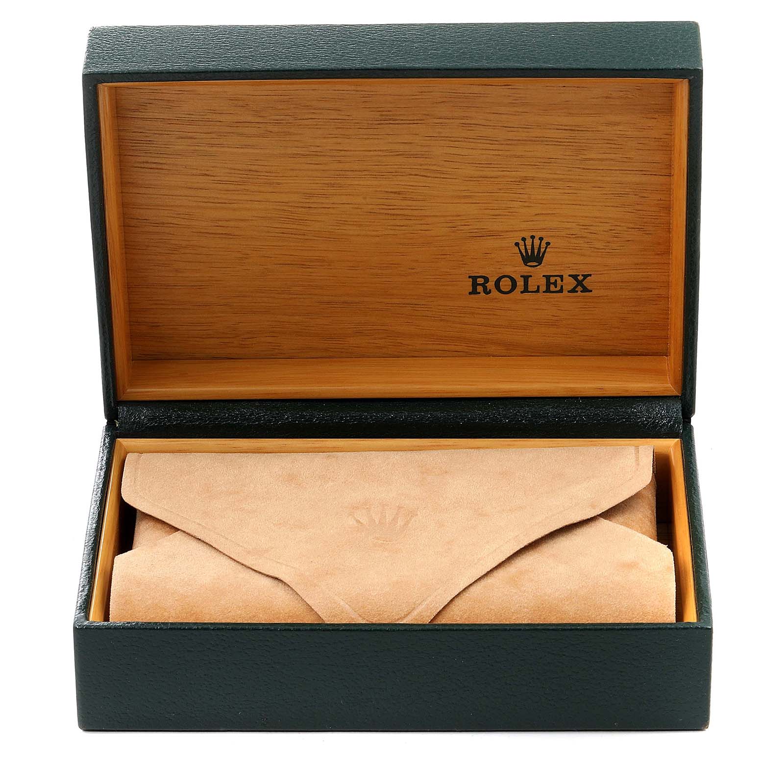 The image shows an open Rolex Submariner 16613 Men
s Steel and Gold (two tone) Blue Dial 16613 Men
s Steel and Gold (two tone) Blue Dial watch box with a tan leather pouch inside.