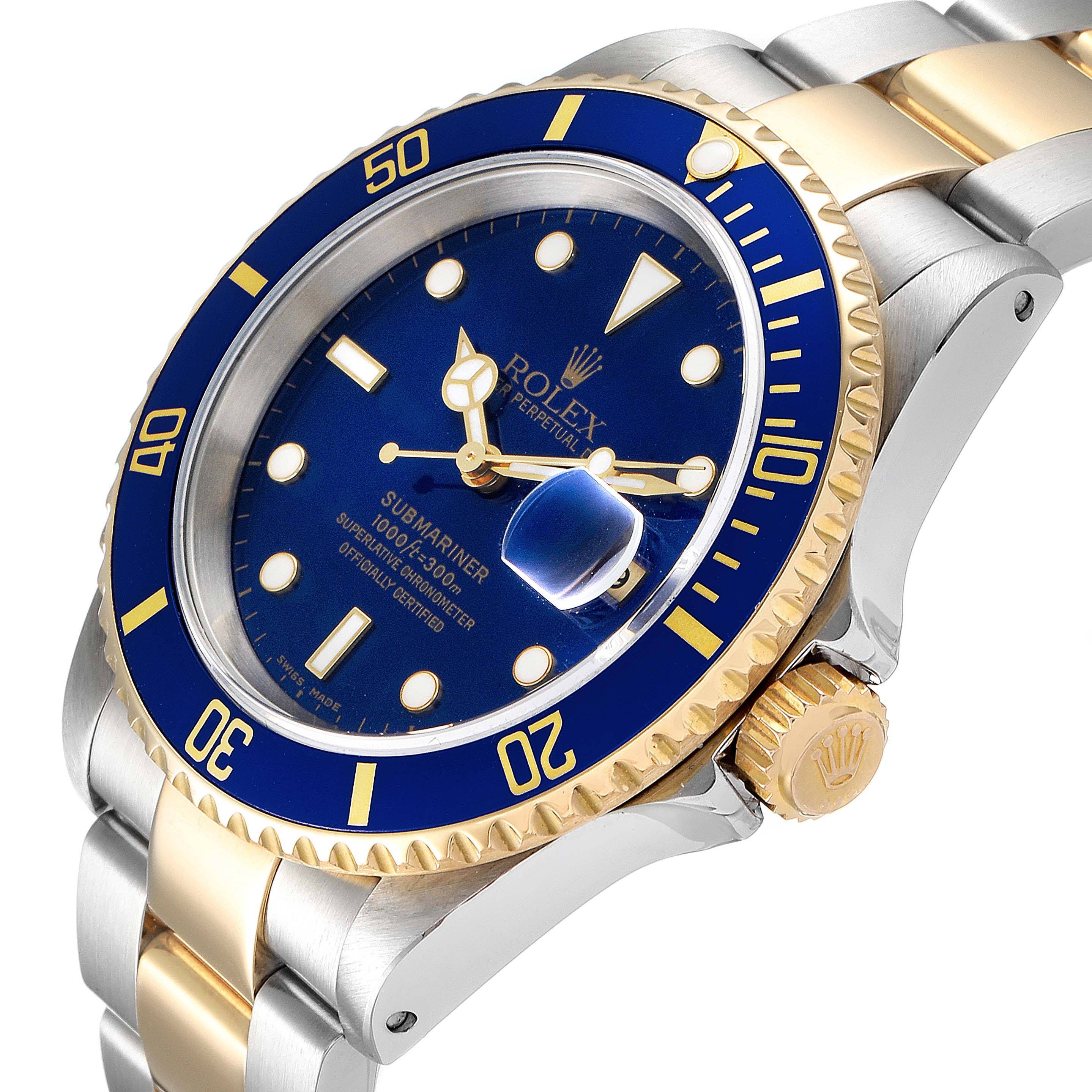 The image shows a close-up angle of a Rolex Submariner 16613 Men
s Steel and Gold (two tone) Blue Dial 16613 Men
s Steel and Gold (two tone) Blue Dial with a blue dial, bezel, and gold and silver bracelet.