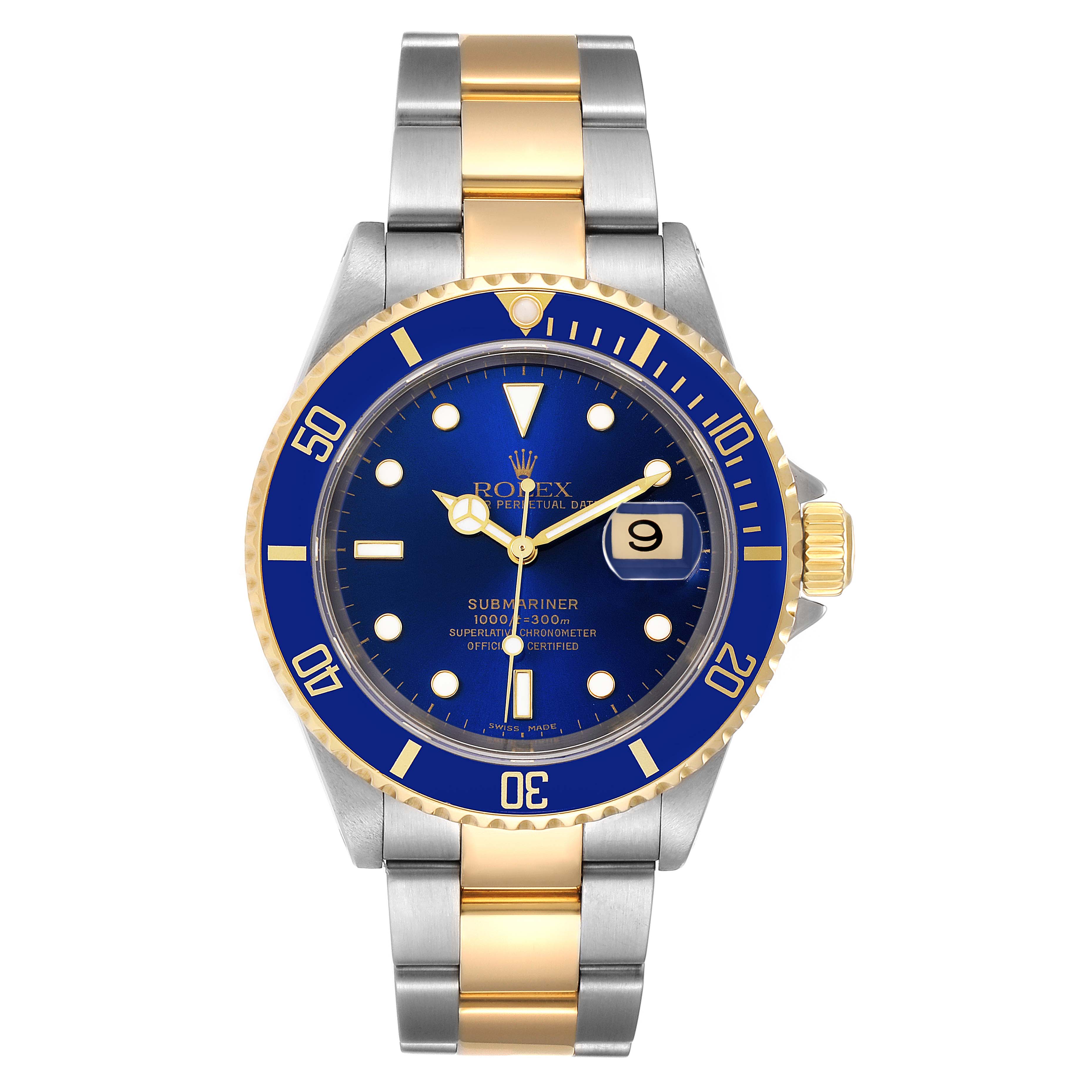 This image shows a front view of a Rolex Submariner 16613 Men
s Steel and Gold (two tone) Blue Dial 16613 Men
s Steel and Gold (two tone) Blue Dial watch with a blue dial and a two-tone metal bracelet.