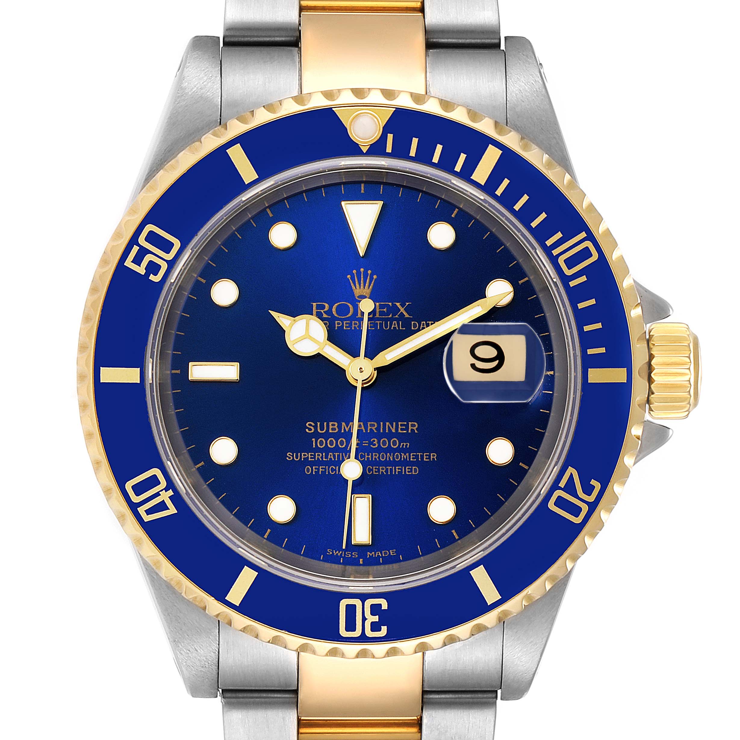 The image shows a front view of a Rolex Submariner 16613 Men
s Steel and Gold (two tone) Blue Dial 16613 Men
s Steel and Gold (two tone) Blue Dial watch, displaying the dial, bezel, and part of the bracelet.