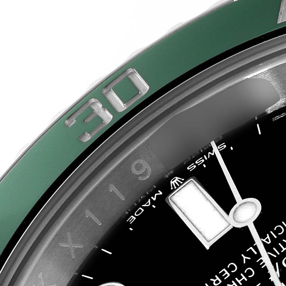 This close-up angle of the Rolex Submariner 126610LV Men
s Stainless Steel Black Dial 126610LV Men
s Stainless Steel Black Dial model shows part of the dial, bezel, and a portion of the crystal.