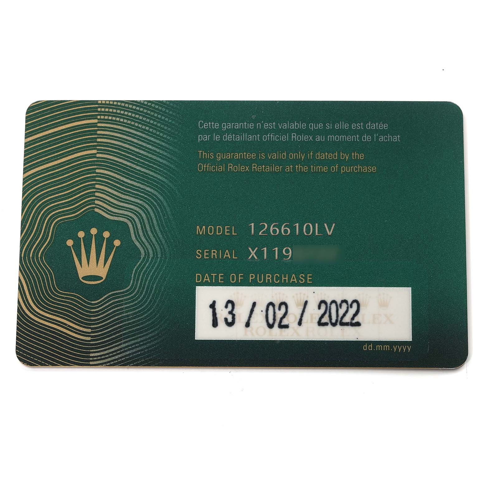 This is a Rolex warranty card for the Submariner model 126610LV, showing serial number and date of purchase.