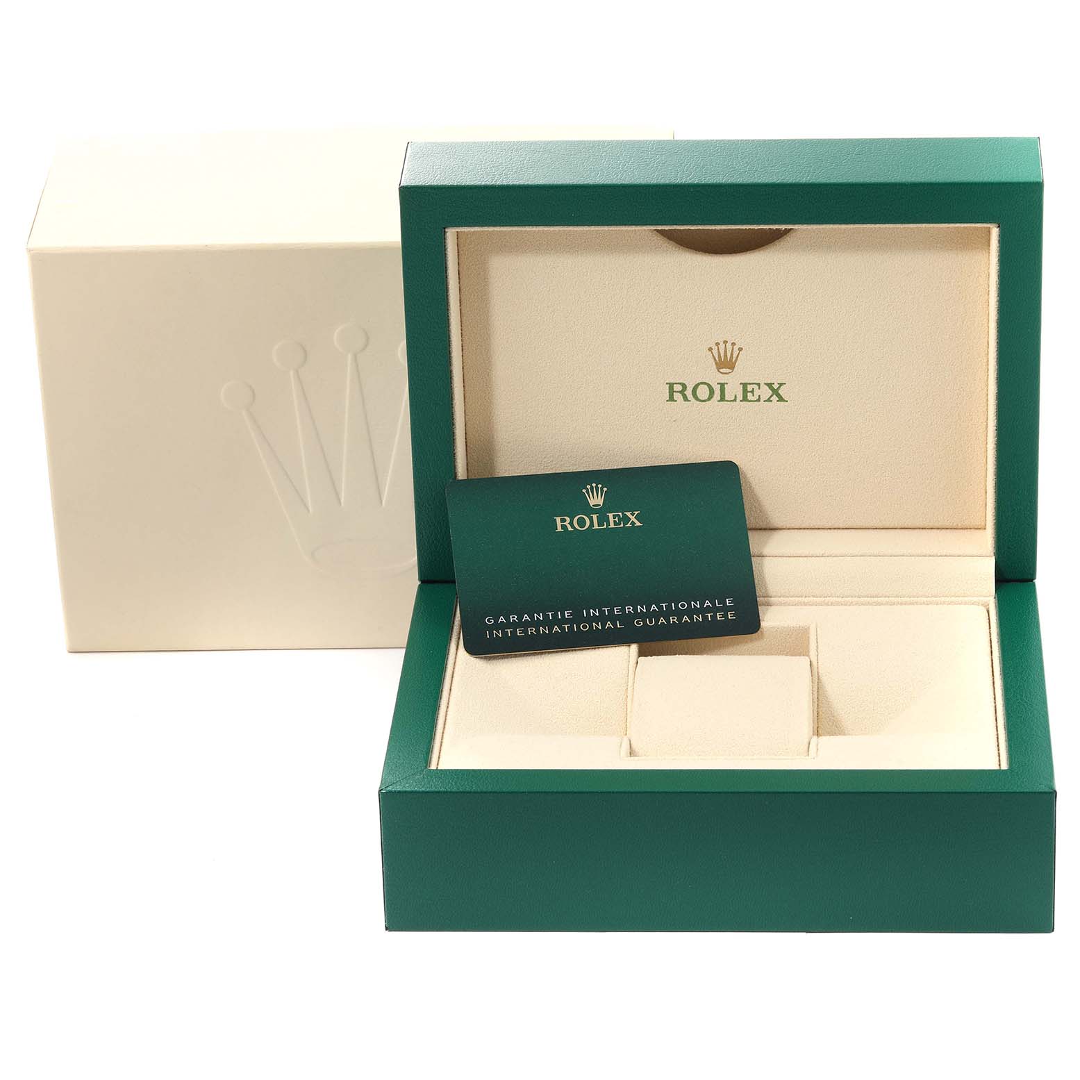 The image shows the box and warranty card for a Rolex Submariner 126610LV Men
s Stainless Steel Black Dial 126610LV Men
s Stainless Steel Black Dial.