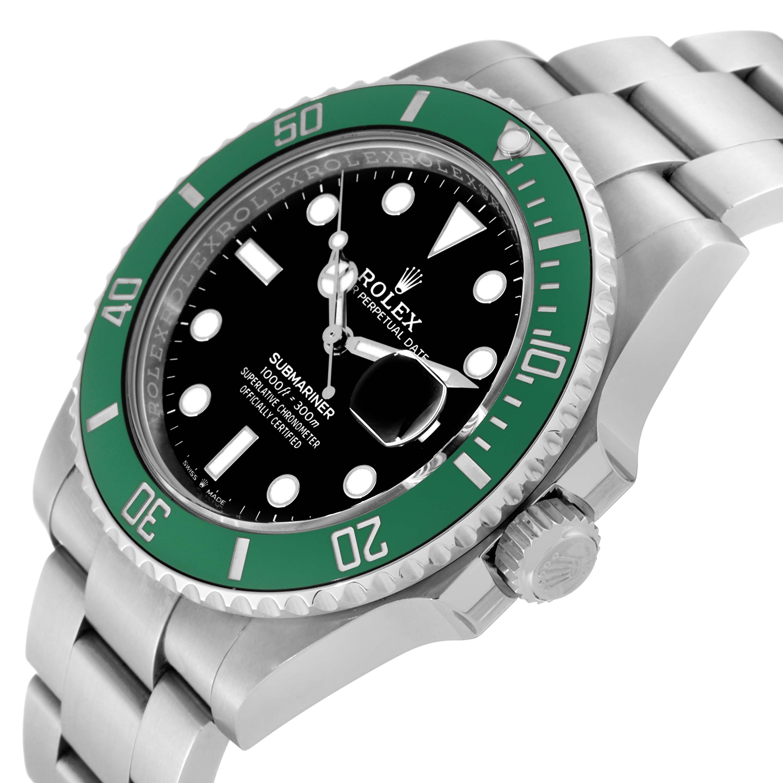 The image shows a side and angled view of a Rolex Submariner 126610LV Men
s Stainless Steel Black Dial 126610LV Men
s Stainless Steel Black Dial with a green bezel and black dial.