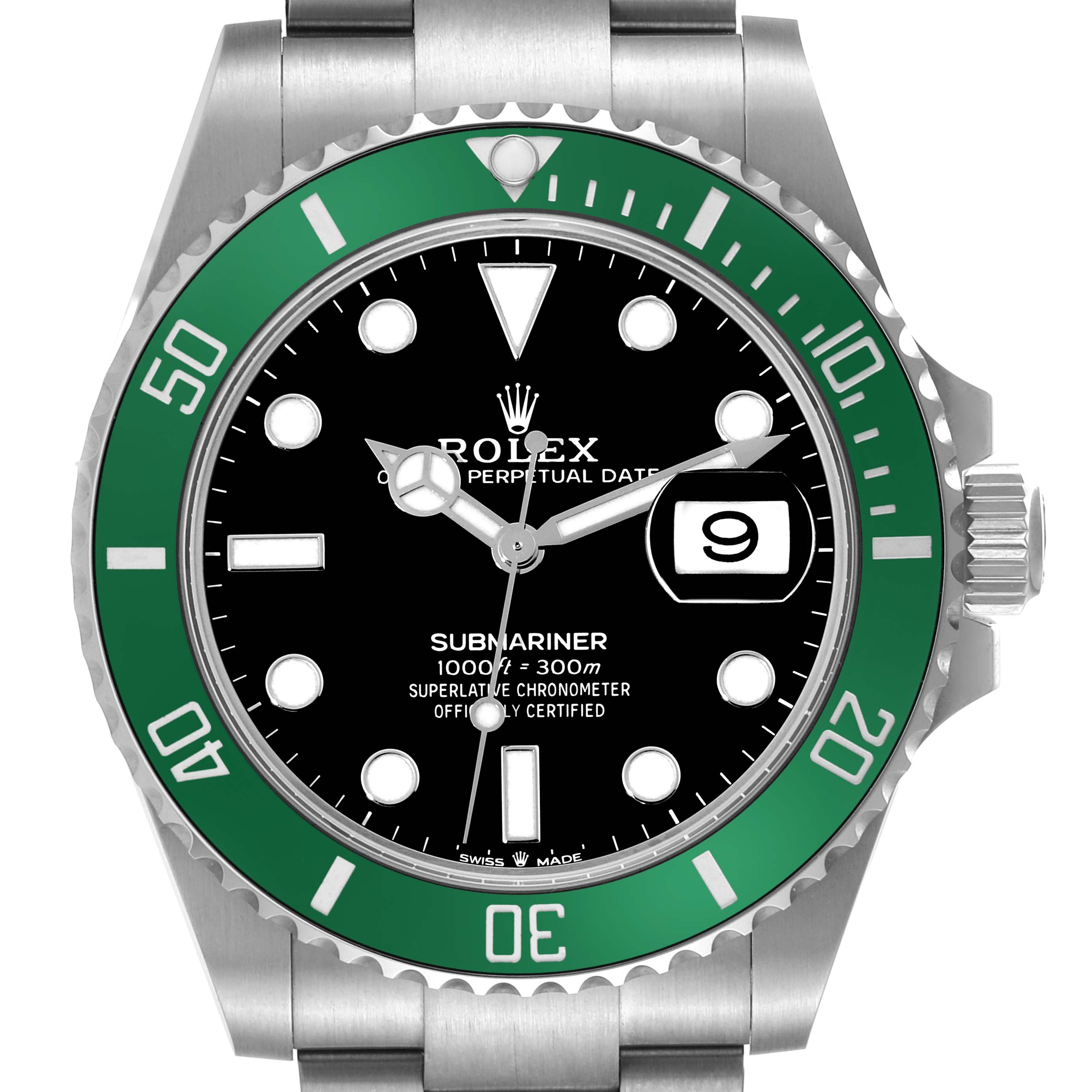 The Rolex Submariner 126610LV Men
s Stainless Steel Black Dial 126610LV Men
s Stainless Steel Black Dial watch is shown from a front angle, highlighting its green bezel, black dial, and date window.