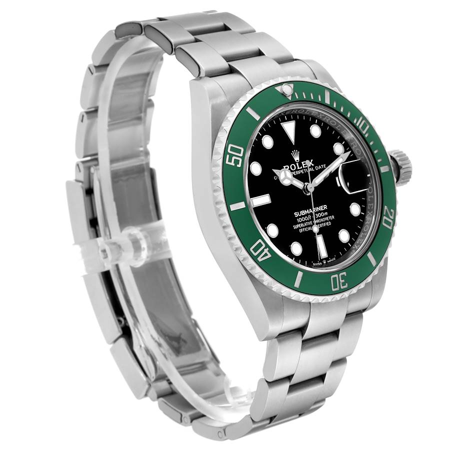 The image shows a Rolex Submariner watch at a three-quarter angle, highlighting its green bezel, black dial, and stainless steel bracelet.