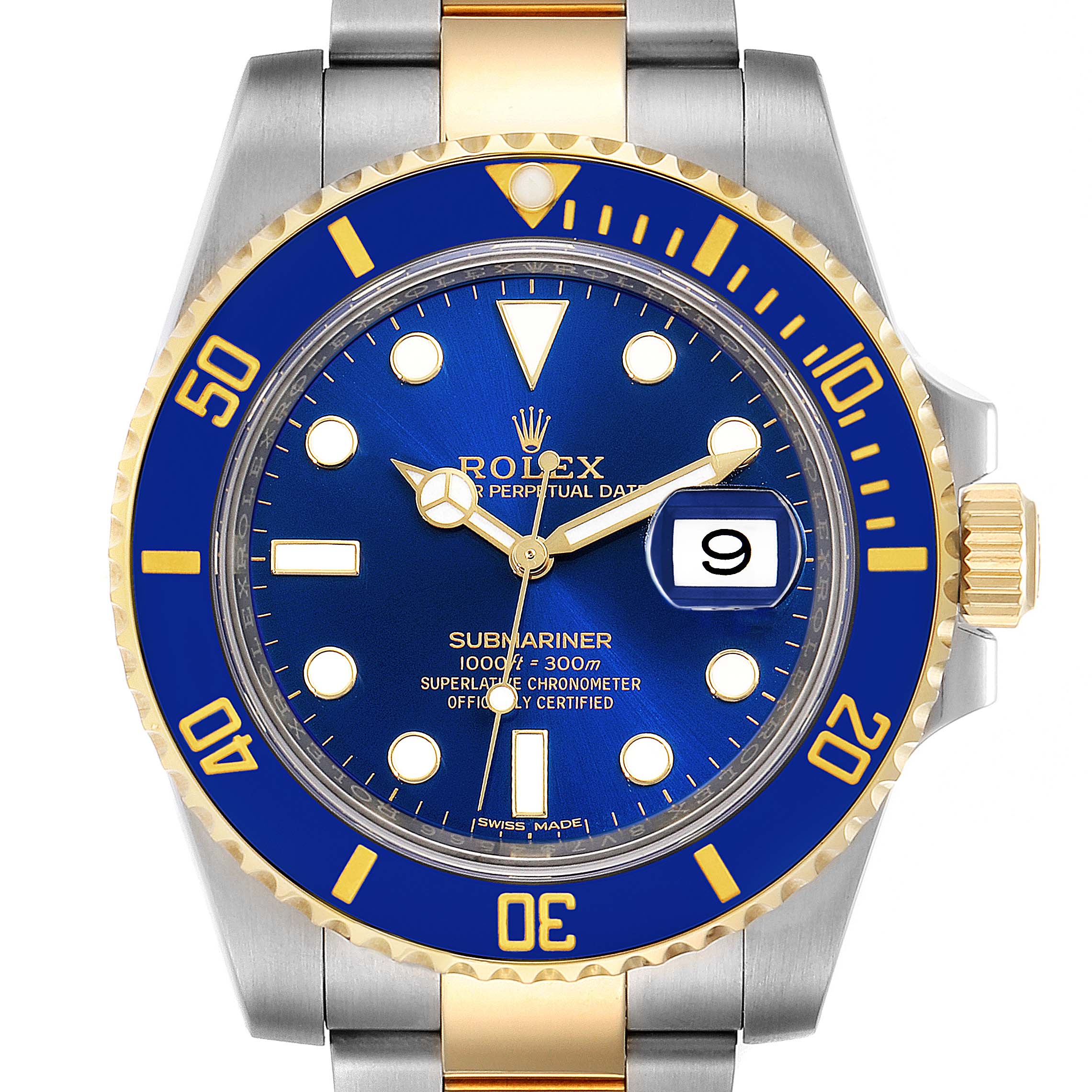 This Rolex Submariner 116613 Men
s Steel and Gold (two tone) Blue Dial 116613 Men
s Steel and Gold (two tone) Blue Dial watch is shown from a top-down angle, highlighting the blue dial, bezel, and two-tone bracelet.