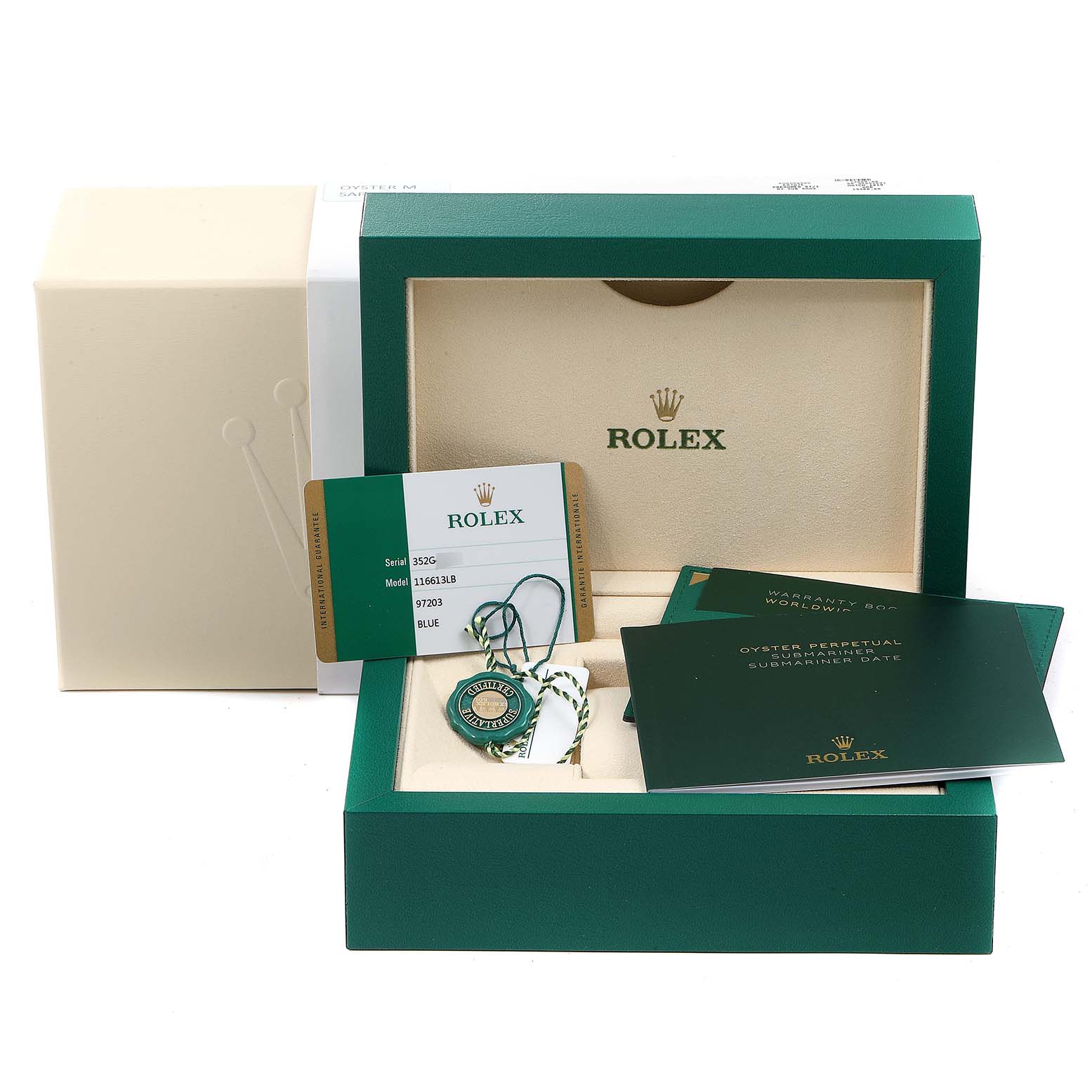 The accessories for the Rolex Submariner 116613 Men
s Steel and Gold (two tone) Blue Dial 116613 Men
s Steel and Gold (two tone) Blue Dial model are shown, including the box, warranty card, and manuals, viewed from the front.