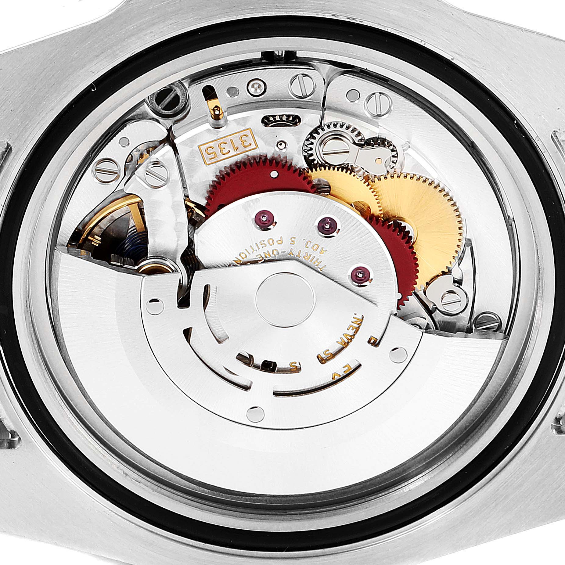 The image shows the internal movement mechanism of a Rolex Submariner 116613 Men
s Steel and Gold (two tone) Blue Dial 116613 Men
s Steel and Gold (two tone) Blue Dial watch from a back angle.
