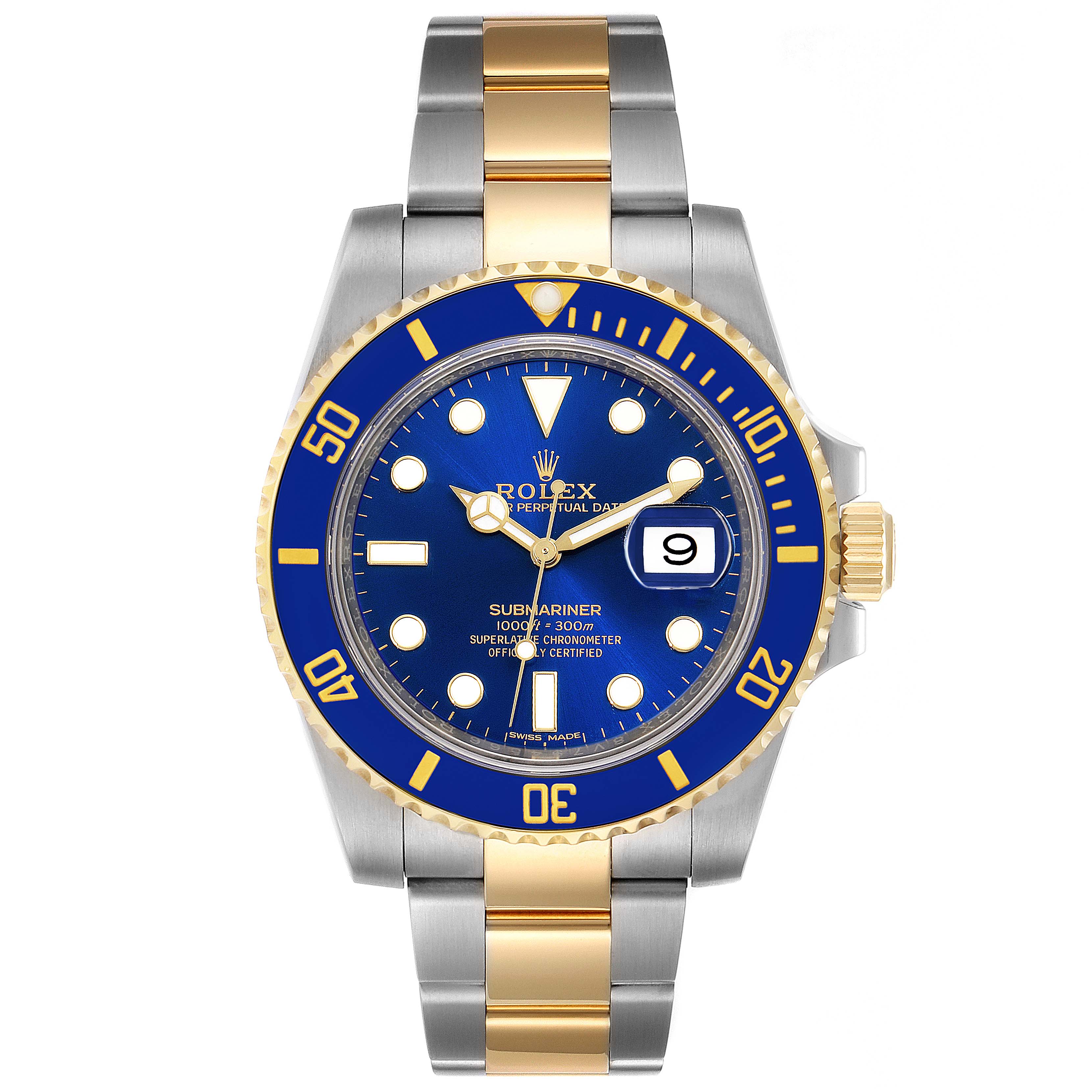 The image shows a Rolex Submariner 116613 Men
s Steel and Gold (two tone) Blue Dial 116613 Men
s Steel and Gold (two tone) Blue Dial watch, displaying the dial, bezel, and bracelet from a front angle.
