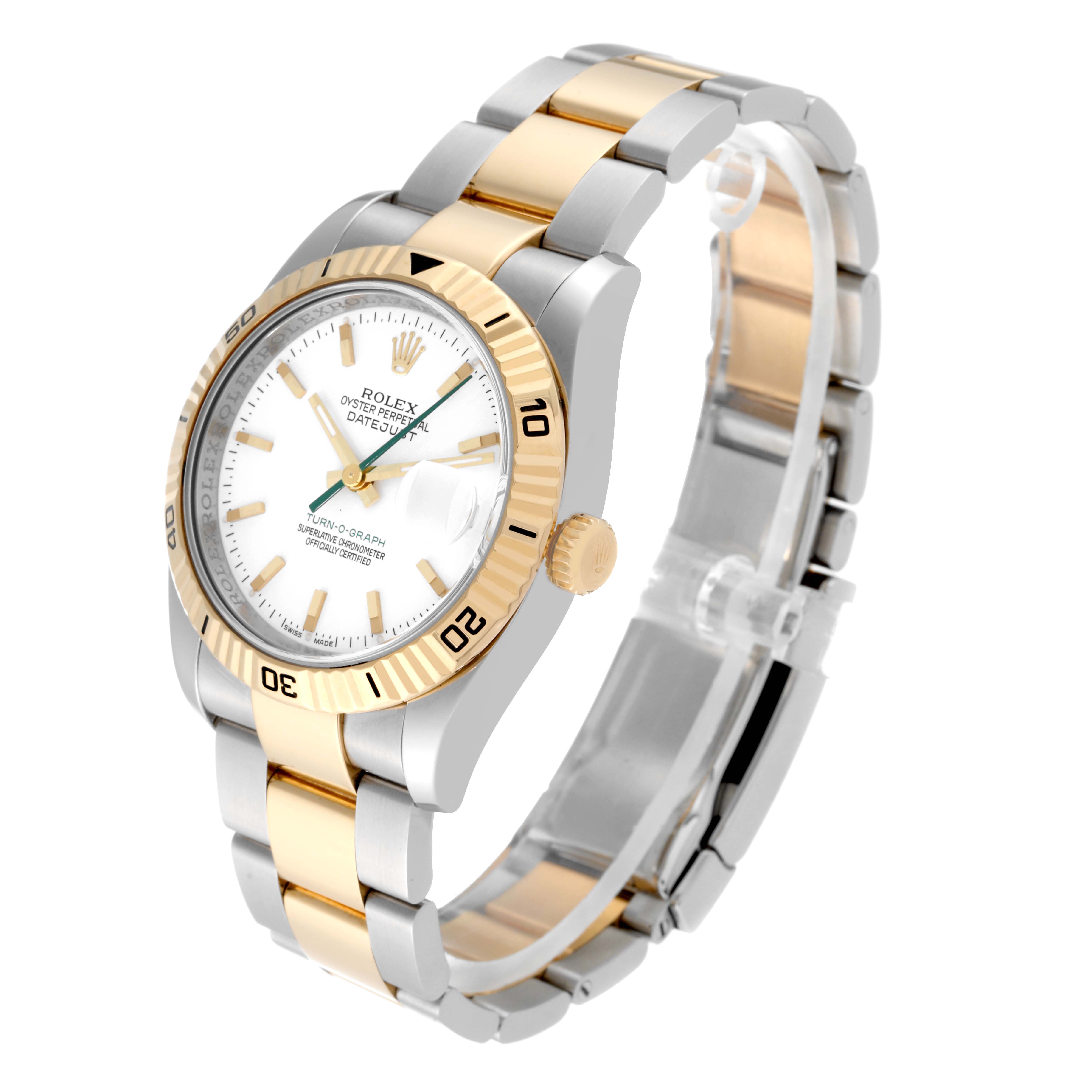 The image shows a Rolex Turn-o-Graph 116263 Men
s Steel and Gold (two tone) White Dial 116263 Men
s Steel and Gold (two tone) White Dial watch at a three-quarter angle, highlighting its face, bezel, and bracelet.