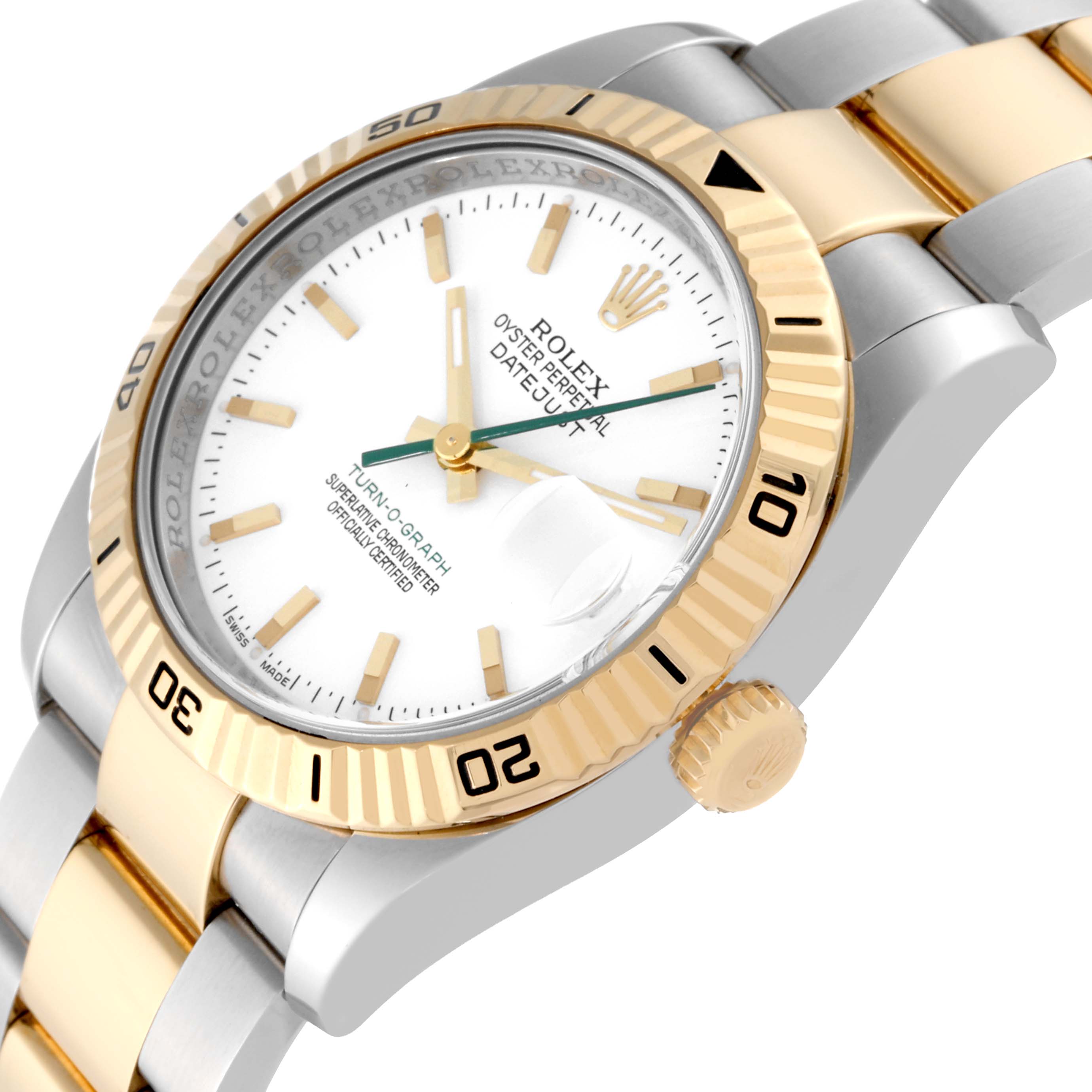 The image shows a close-up, angled view of a Rolex Turn-o-Graph 116263 Men
s Steel and Gold (two tone) White Dial 116263 Men
s Steel and Gold (two tone) White Dial watch, highlighting the bezel, crown, face, and part of the bracelet.