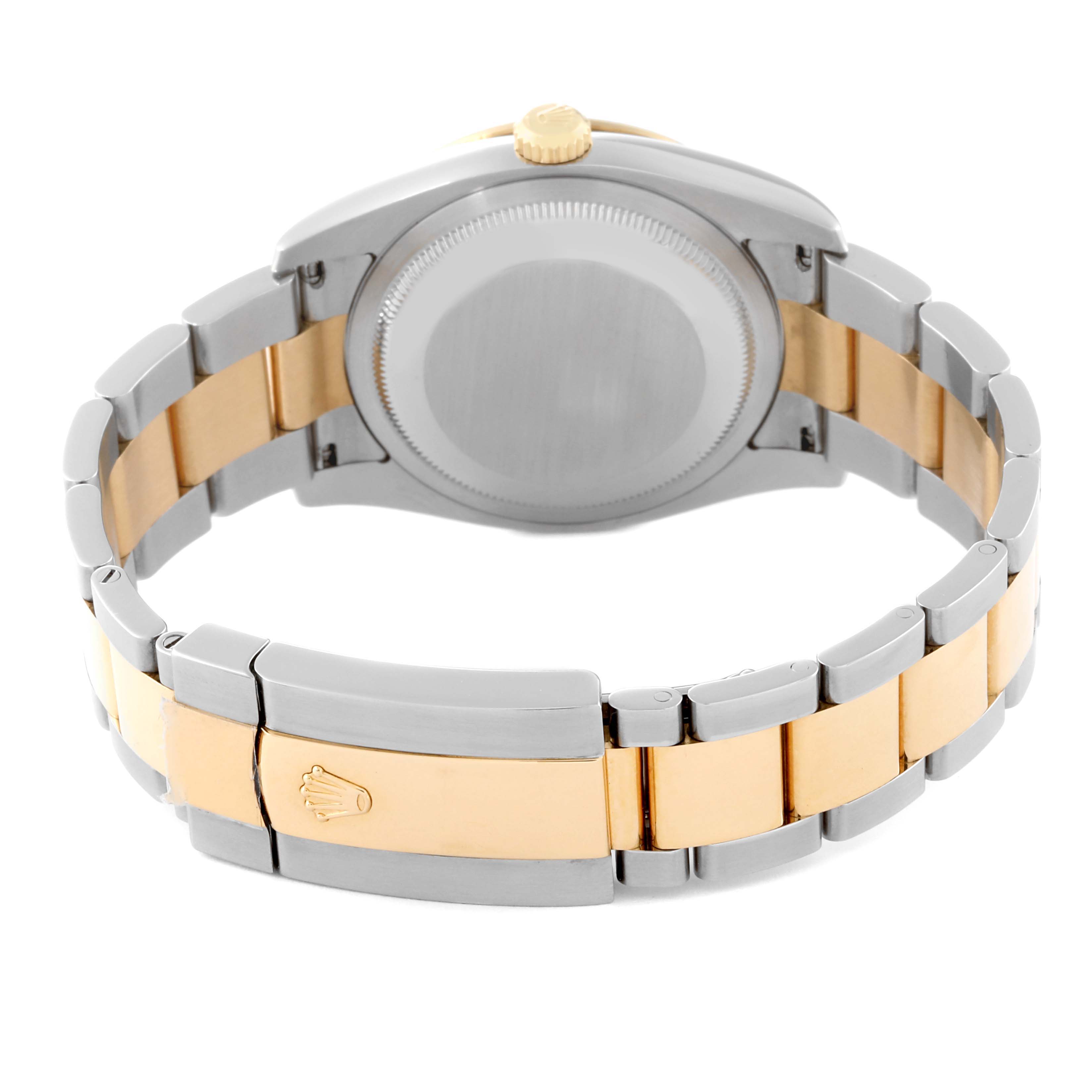 The image shows the back of a Rolex Turn-o-Graph 116263 Men
s Steel and Gold (two tone) White Dial 116263 Men
s Steel and Gold (two tone) White Dial watch, highlighting the bracelet and the closed clasp.