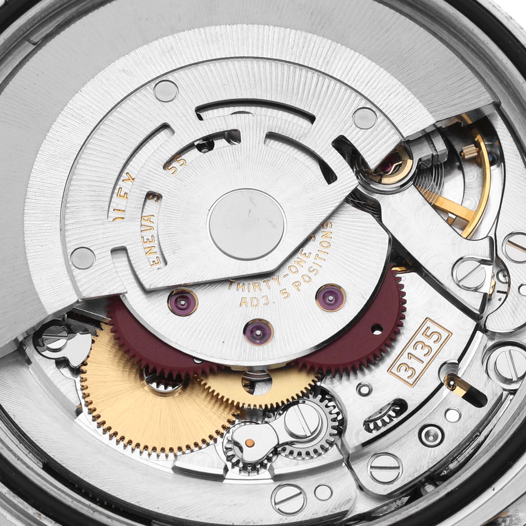 The image shows the internal mechanism and components of the Rolex Turn-o-Graph 116263 Men
s Steel and Gold (two tone) White Dial 116263 Men
s Steel and Gold (two tone) White Dial watch, including gears and the 3135 caliber movement.