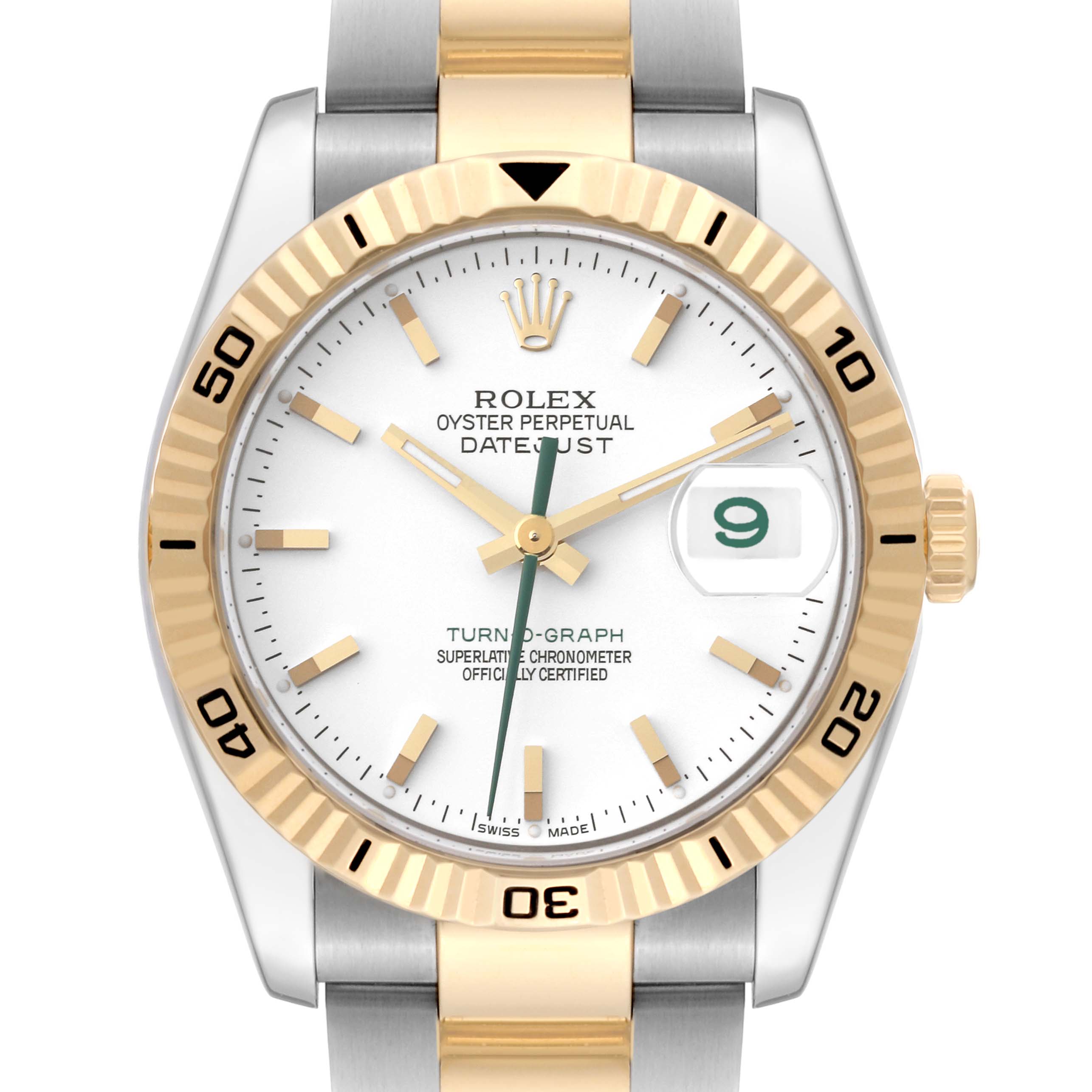 The image shows a front view of the Rolex Turn-o-Graph 116263 Men
s Steel and Gold (two tone) White Dial 116263 Men
s Steel and Gold (two tone) White Dial watch, displaying the bezel, dial, hands, and bracelet.