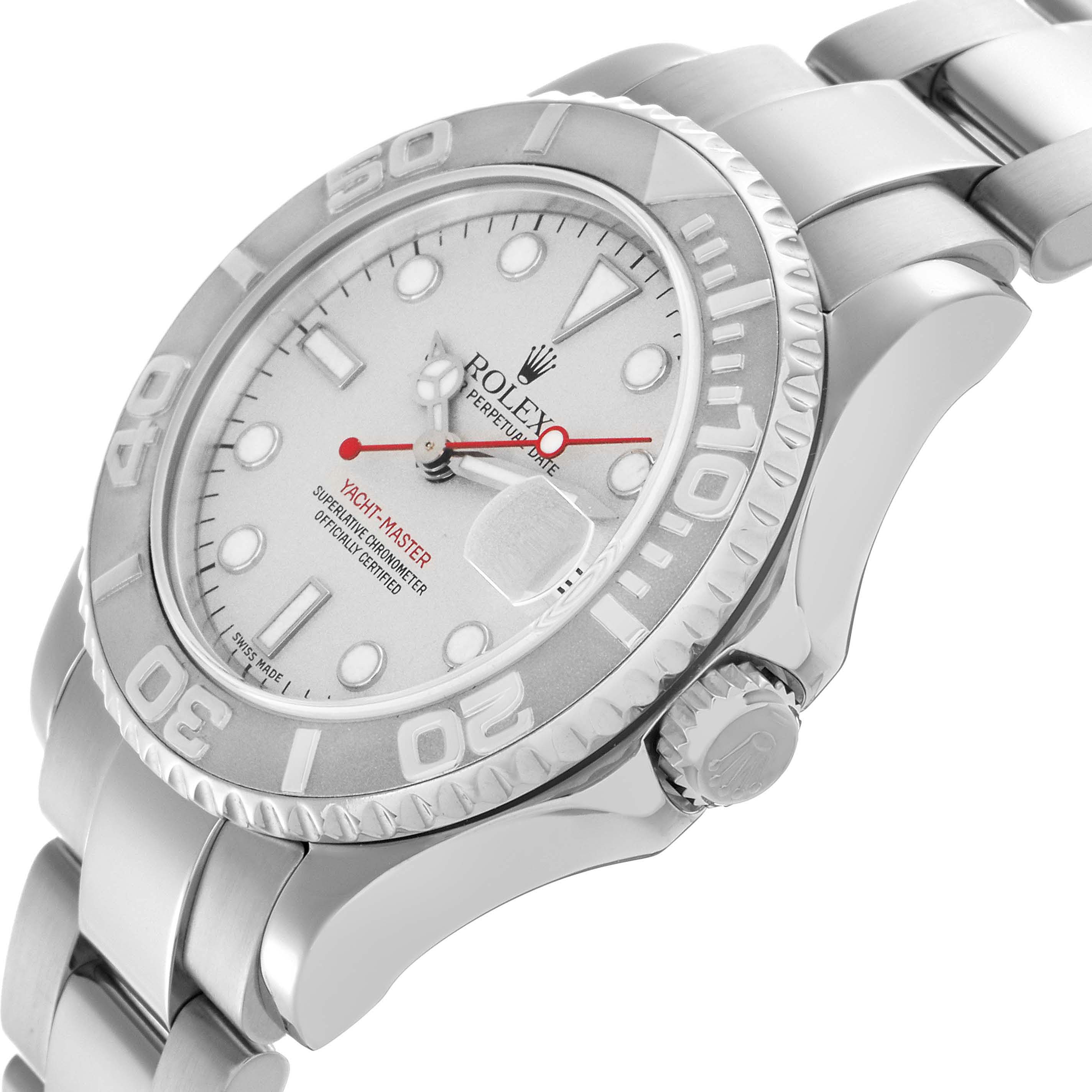 The Rolex Yacht-Master 168622 Men
s Stainless Steel Silver Dial 168622 Men
s Stainless Steel Silver Dial watch is shown at a tilted angle revealing the face, bezel, crown, and part of the bracelet.