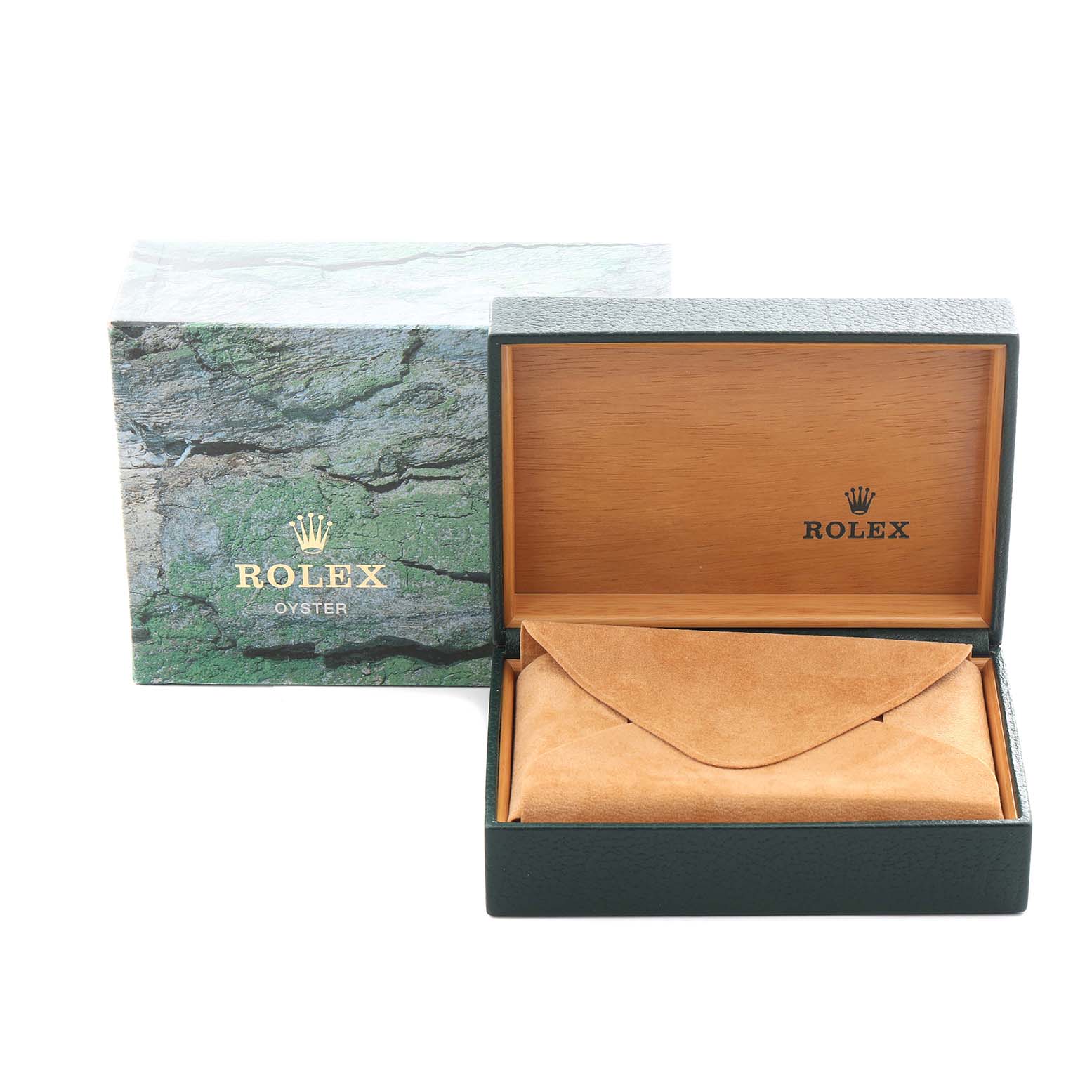 The image shows a Rolex Yacht-Master 168622 Men
s Stainless Steel Silver Dial 168622 Men
s Stainless Steel Silver Dial watch box with an open lid, revealing the interior and a suede pouch inside.