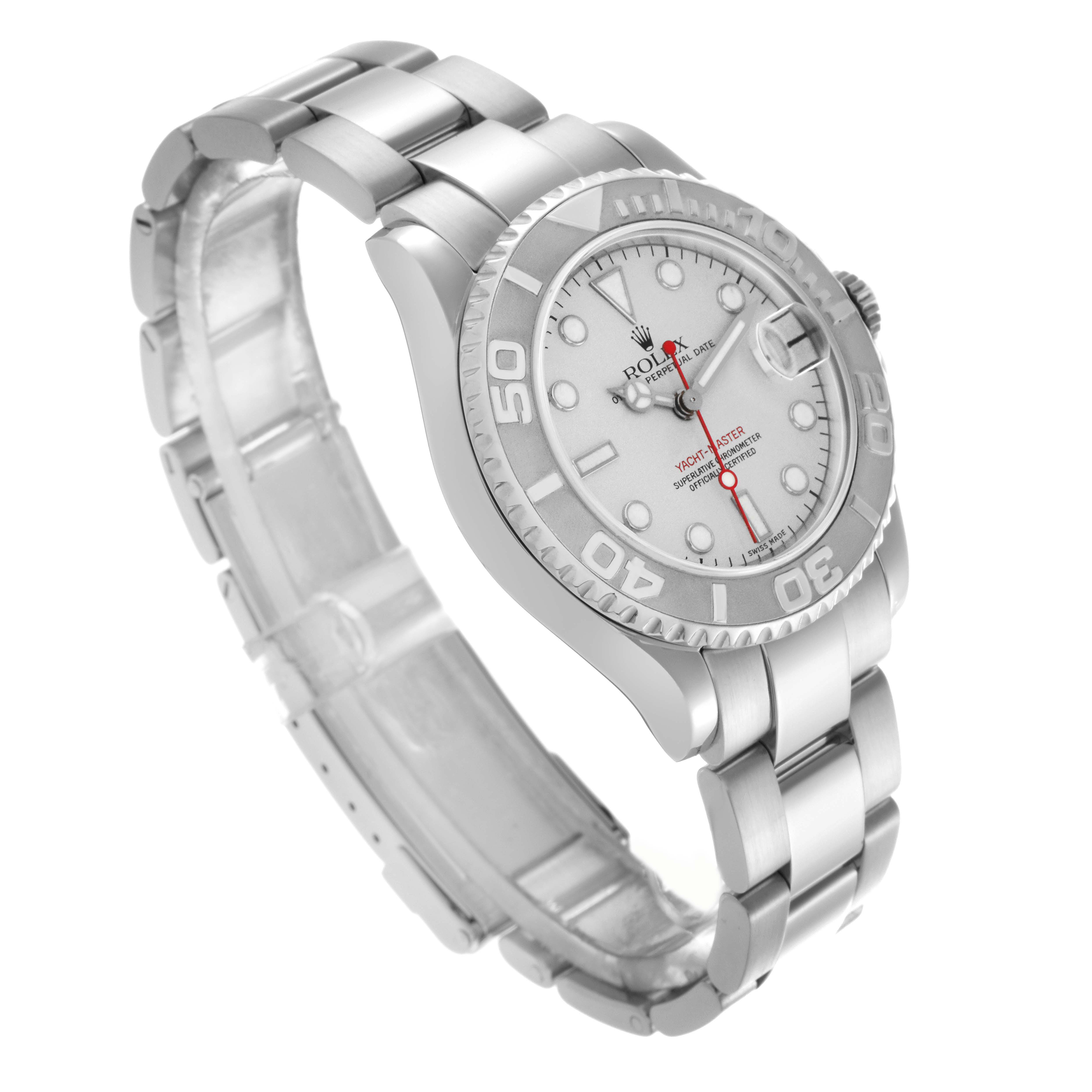 The Rolex Yacht-Master 168622 Men
s Stainless Steel Silver Dial 168622 Men
s Stainless Steel Silver Dial watch is shown from an angled side view, displaying the face, bezel, and bracelet.