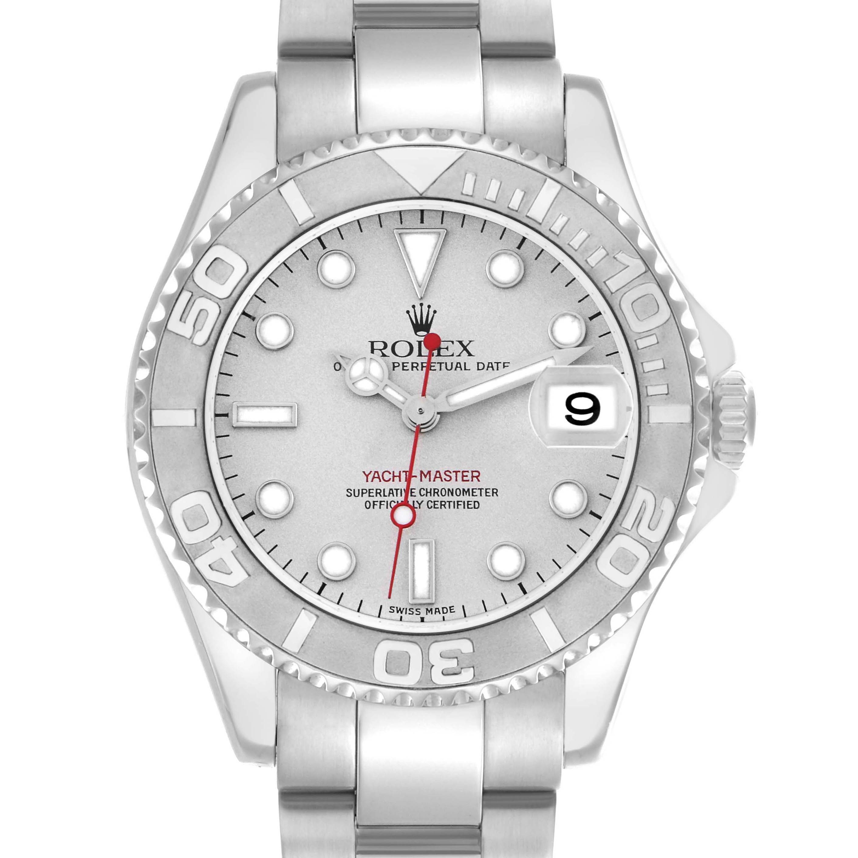 The Rolex Yacht-Master 168622 Men
s Stainless Steel Silver Dial 168622 Men
s Stainless Steel Silver Dial is shown from a front angle, highlighting the bezel, dial, hands, and bracelet.