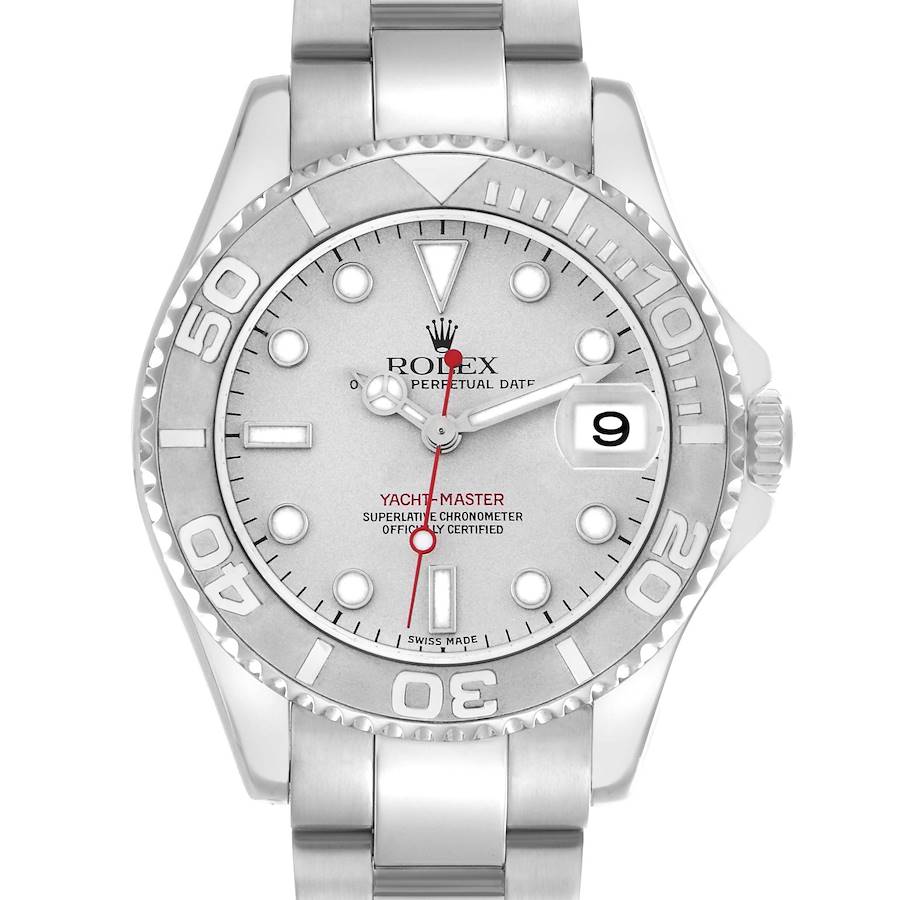 The Rolex Yacht-Master is shown from a front angle, highlighting the bezel, dial, hands, and bracelet.
